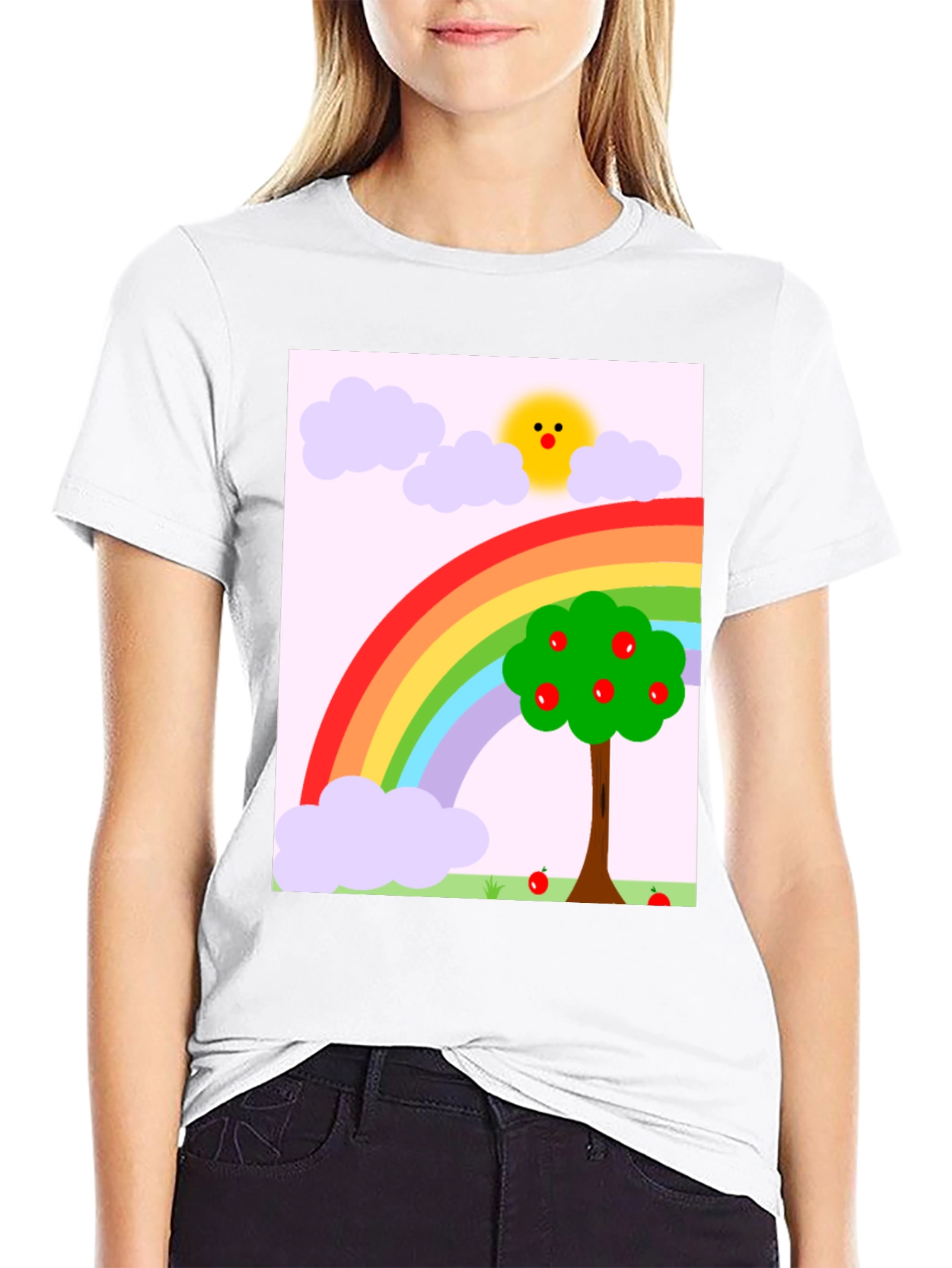 Rainbow Apple Tree Graphic Tee - Black Cotton T-Shirt