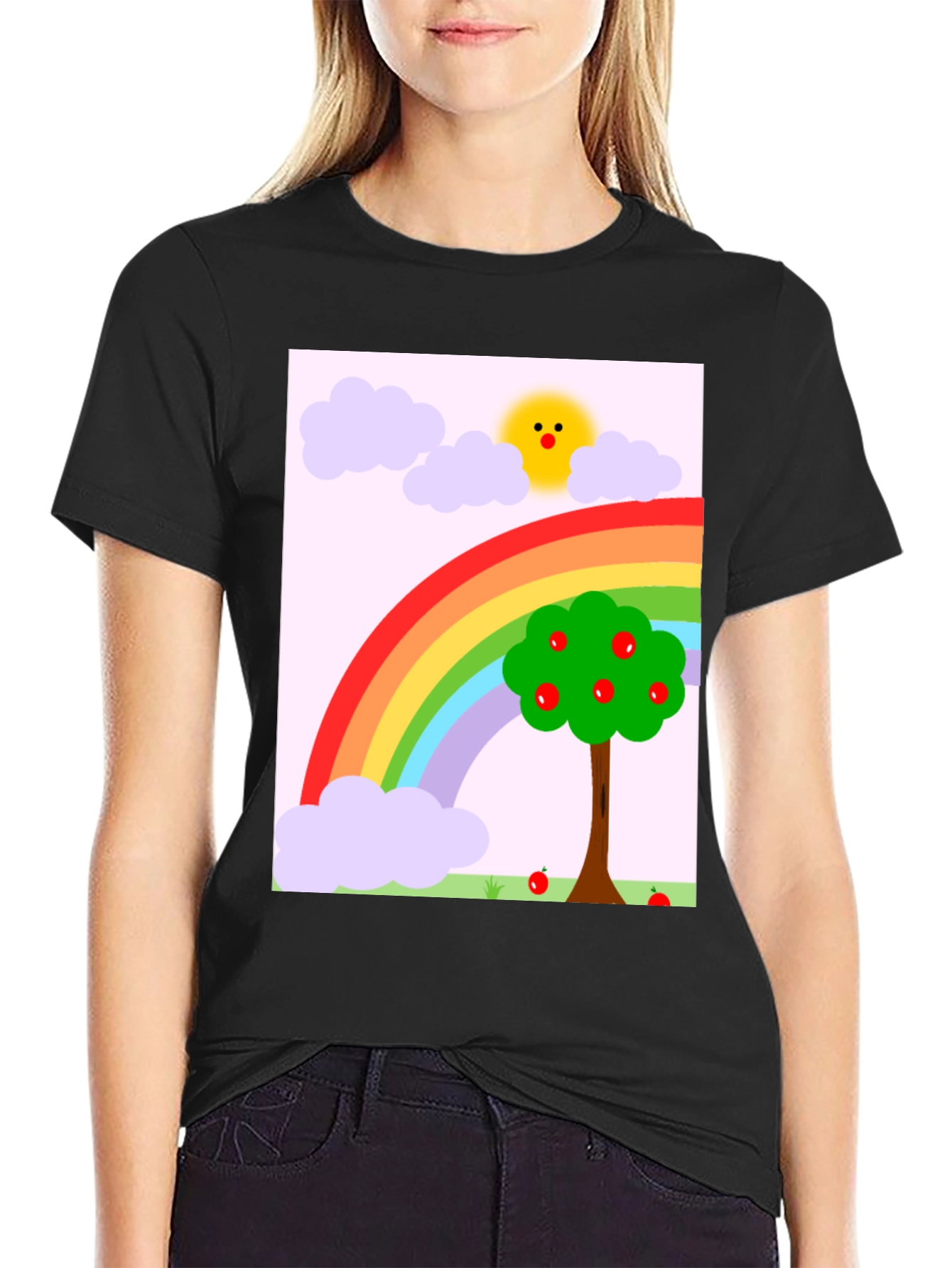 Rainbow Apple Tree Graphic Tee - Black Cotton T-Shirt