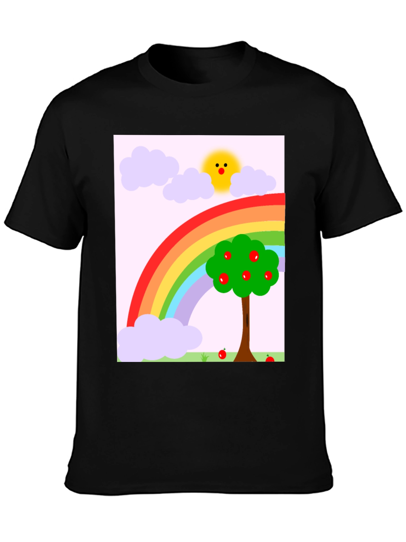 Rainbow Apple Tree Graphic Tee - Black Cotton T-Shirt