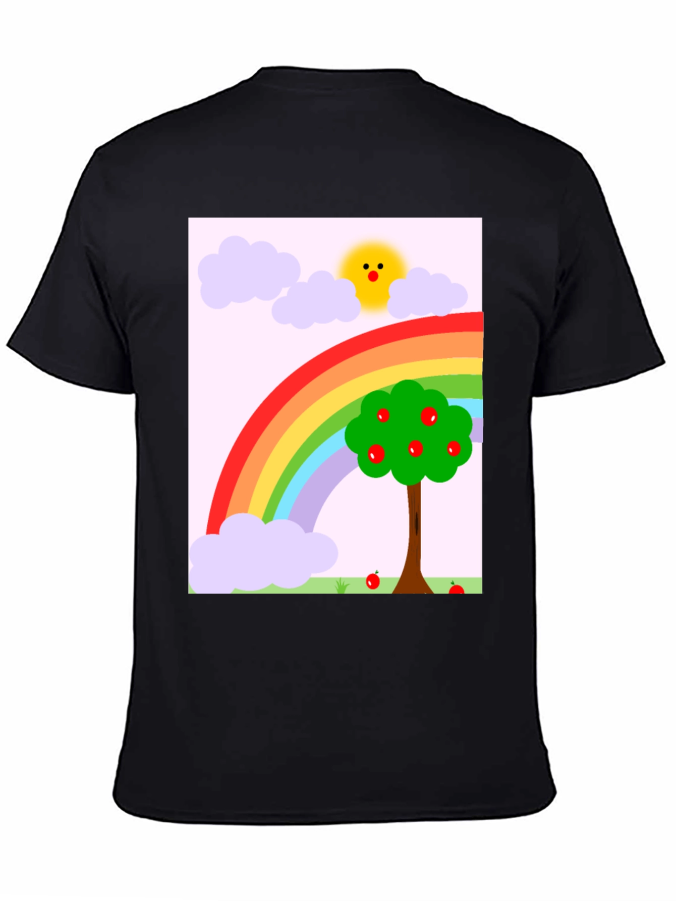 Rainbow Apple Tree Graphic Tee - Black Cotton T-Shirt