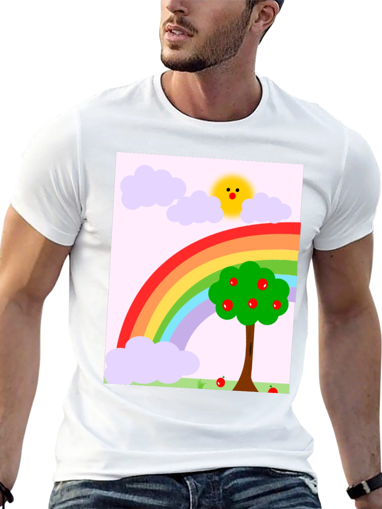 Rainbow Apple Tree Graphic Tee - Black Cotton T-Shirt