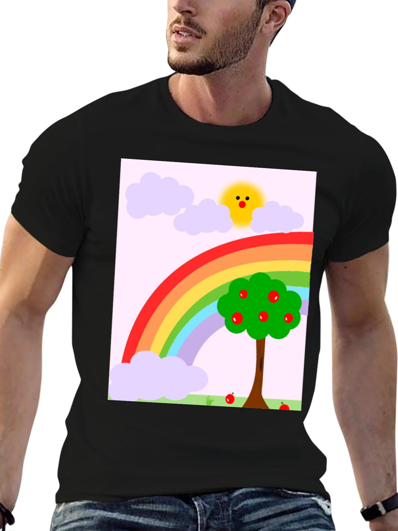 Rainbow Apple Tree Graphic Tee - Black Cotton T-Shirt