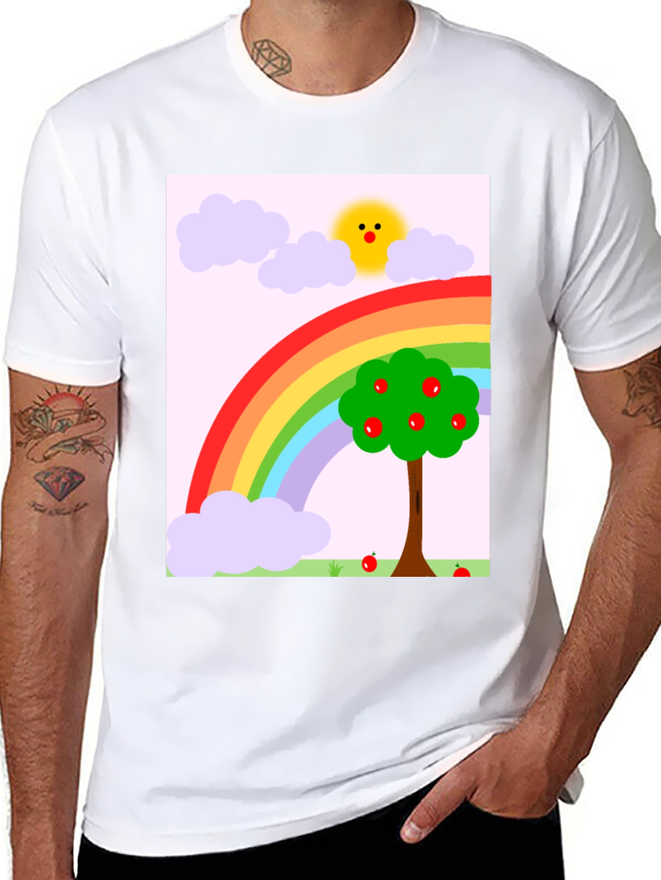Rainbow Apple Tree Graphic Tee - Black Cotton T-Shirt