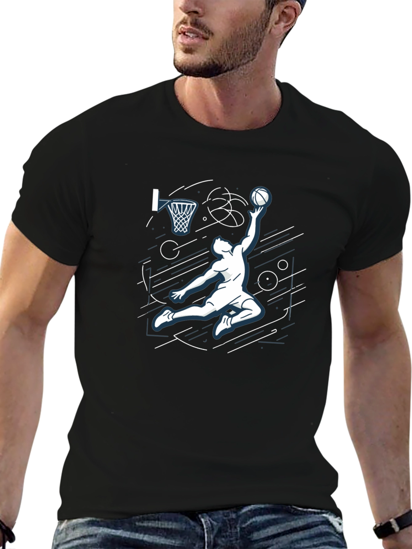 Basketball Dunk Graphic Tee - Black Cotton T-Shirt