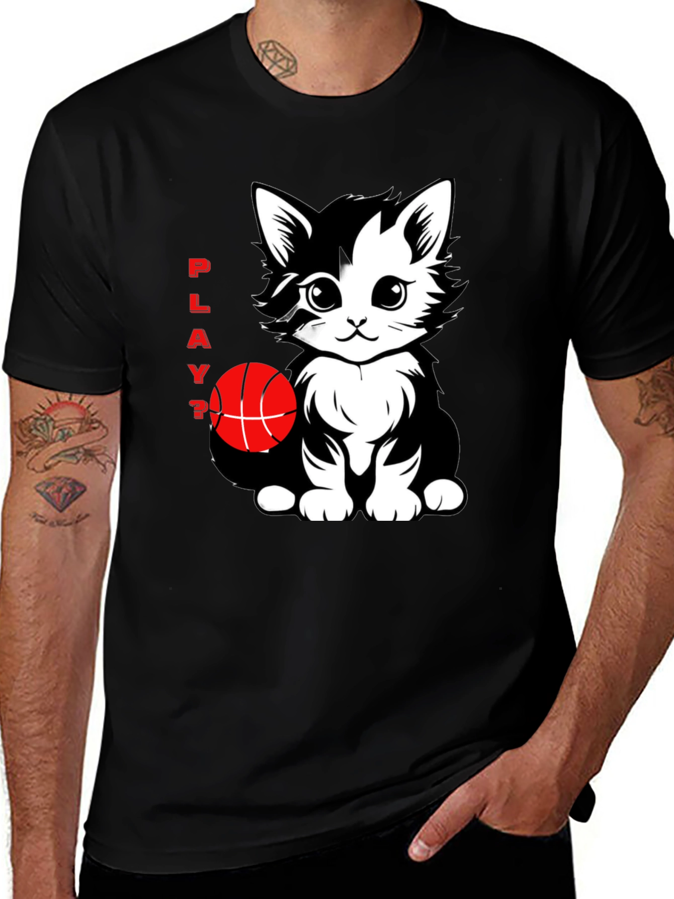 Playful Cat Basketball Graphic T-Shirt - Black