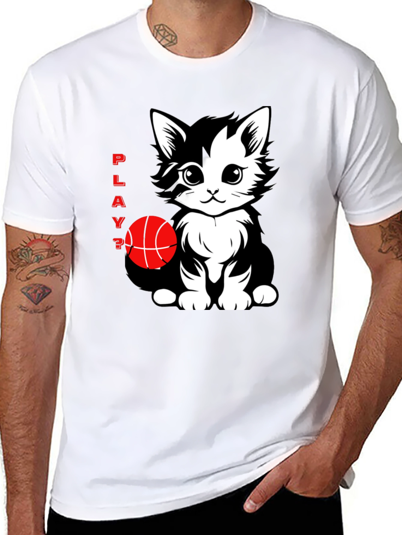 Playful Cat Basketball Graphic T-Shirt - Black