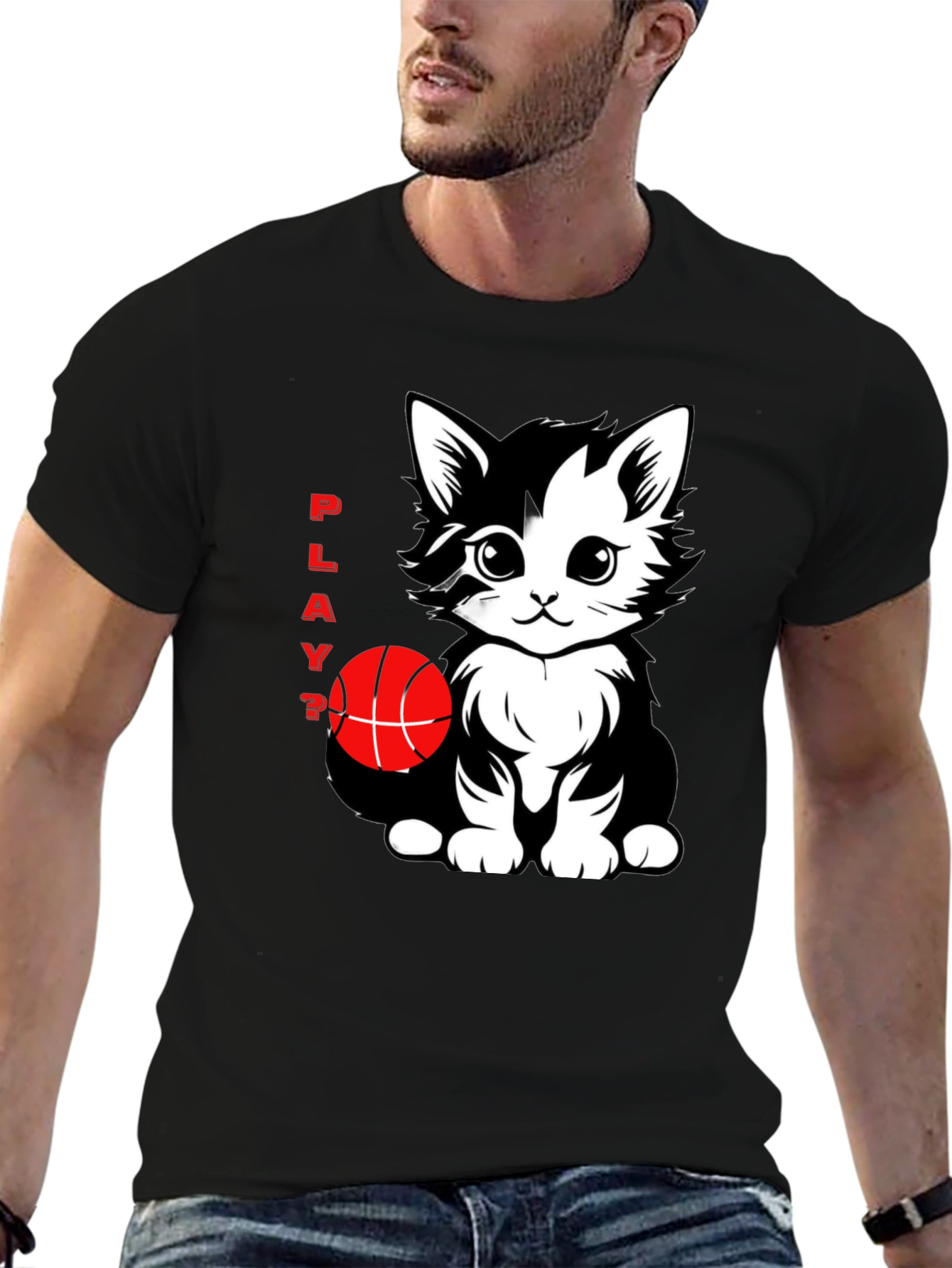 Playful Cat Basketball Graphic T-Shirt - Black