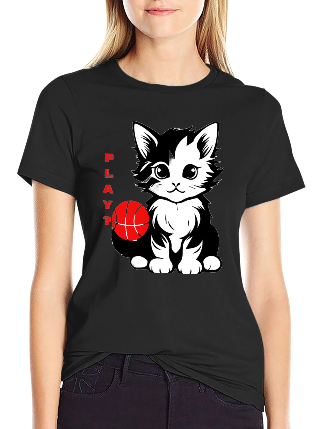 Playful Cat Basketball Graphic T-Shirt - Black