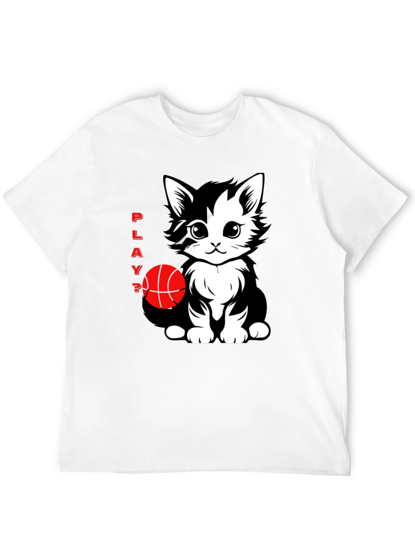 Playful Cat Basketball Graphic T-Shirt - Black