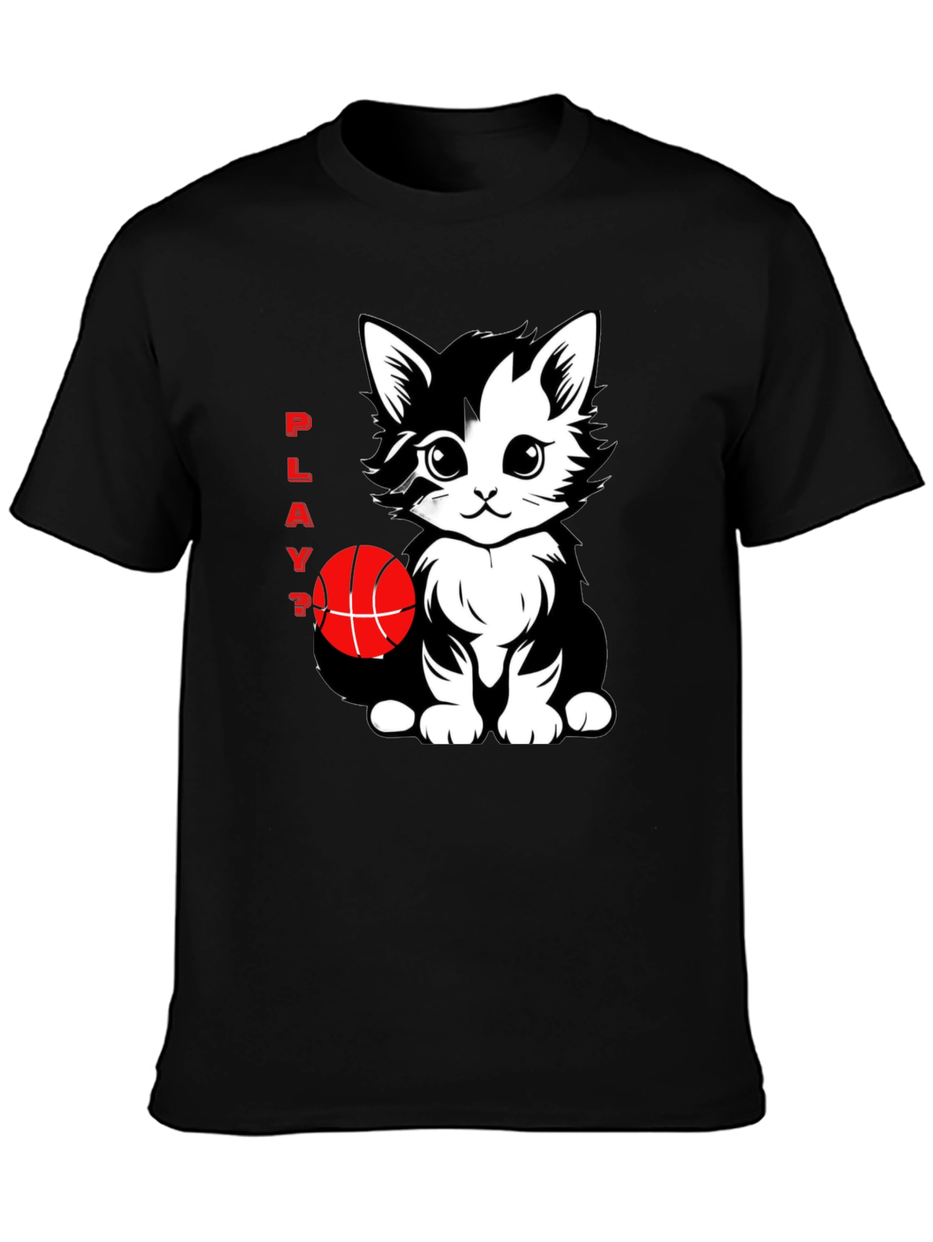Playful Cat Basketball Graphic T-Shirt - Black
