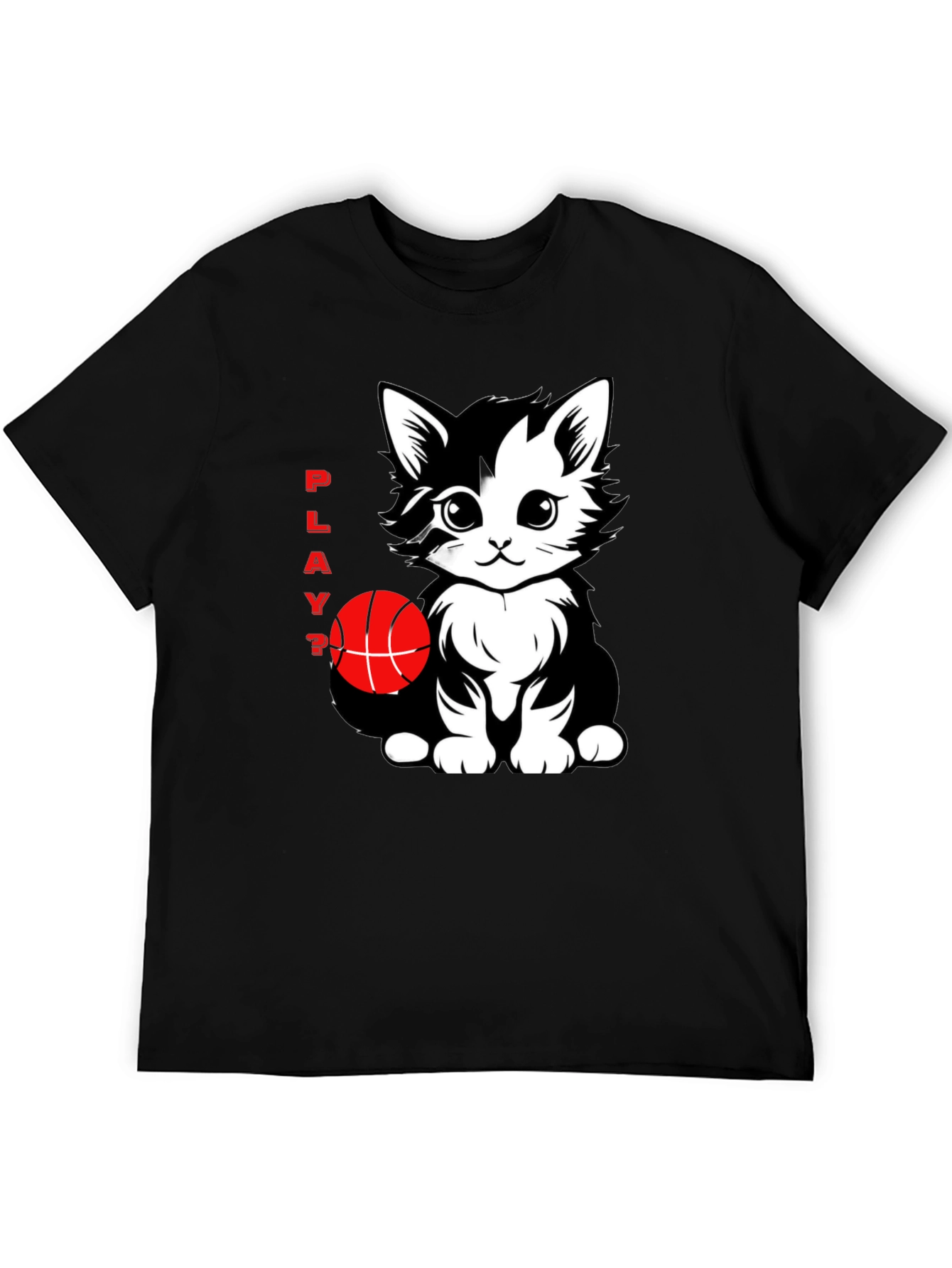 Playful Cat Basketball Graphic T-Shirt - Black