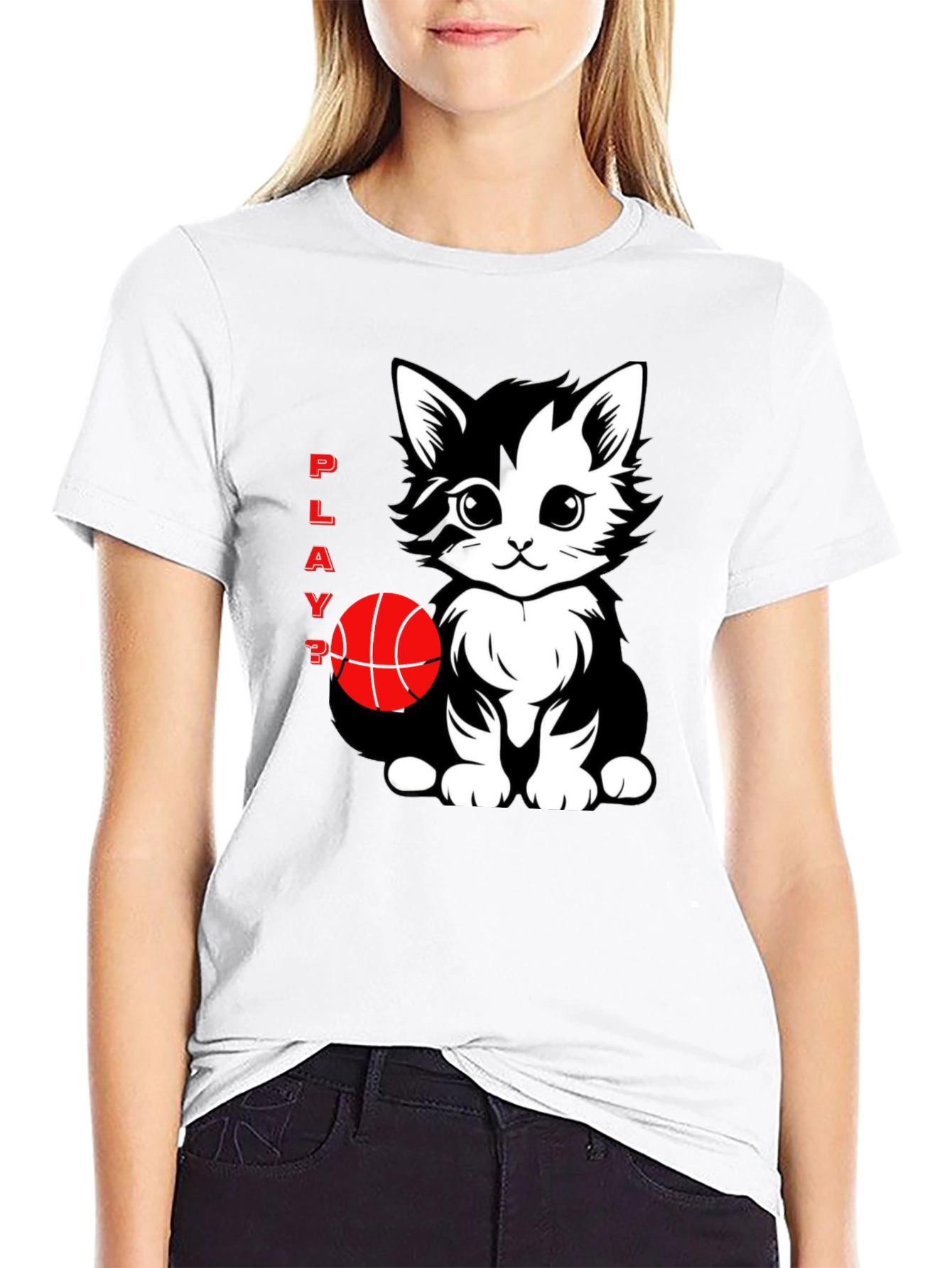 Playful Cat Basketball Graphic T-Shirt - Black