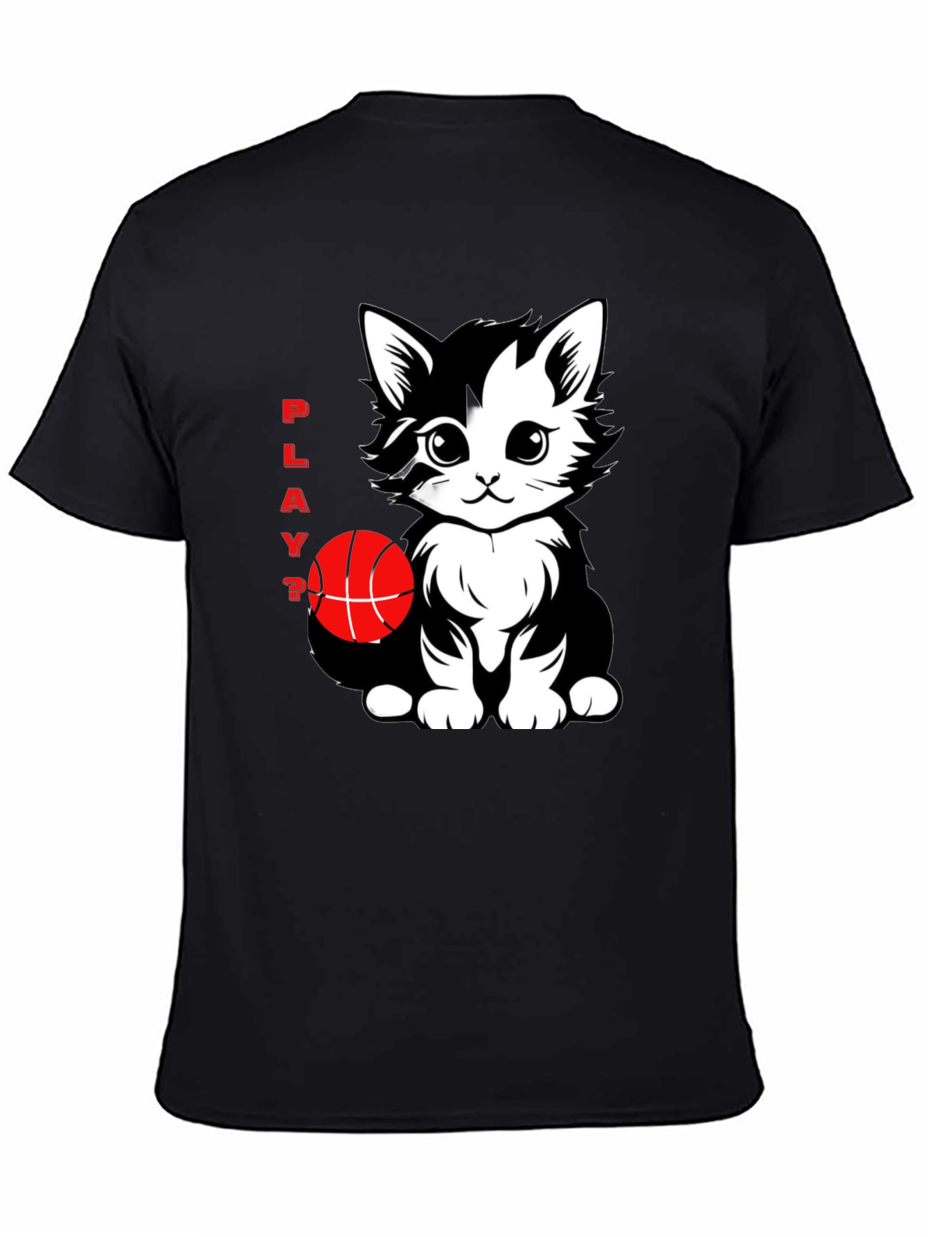 Playful Cat Basketball Graphic T-Shirt - Black