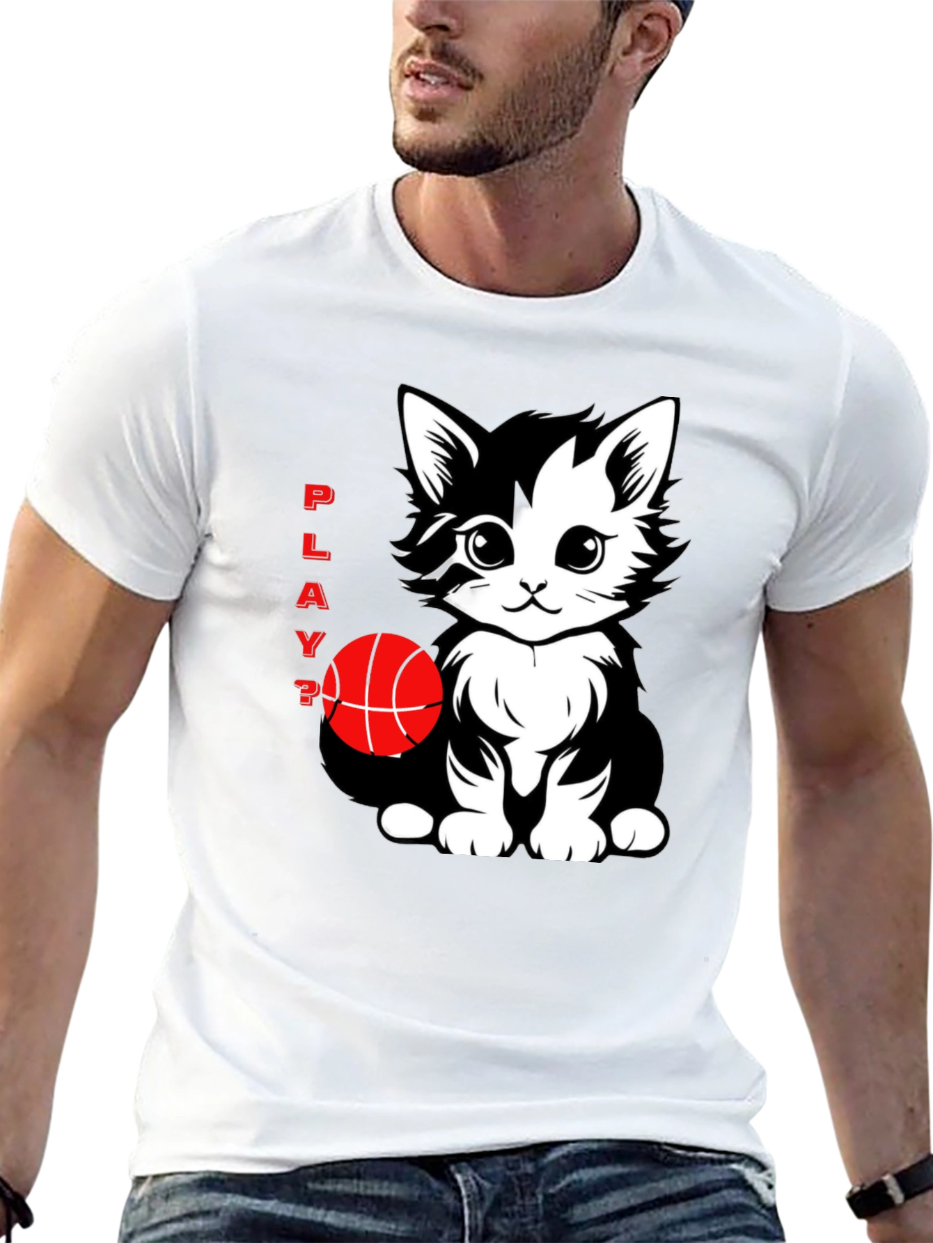 Playful Cat Basketball Graphic T-Shirt - Black