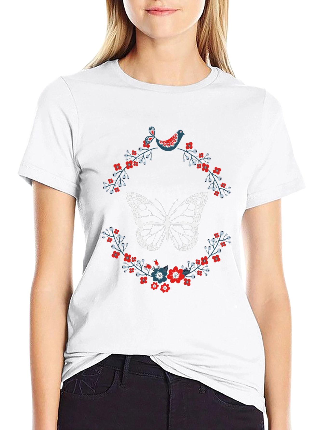Butterfly & Floral Print T-Shirt