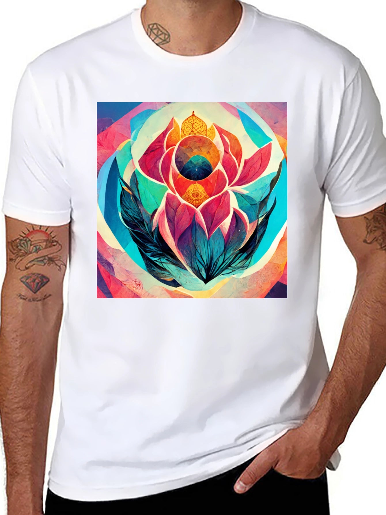 Abstract Lotus Flower Graphic Tee - Black