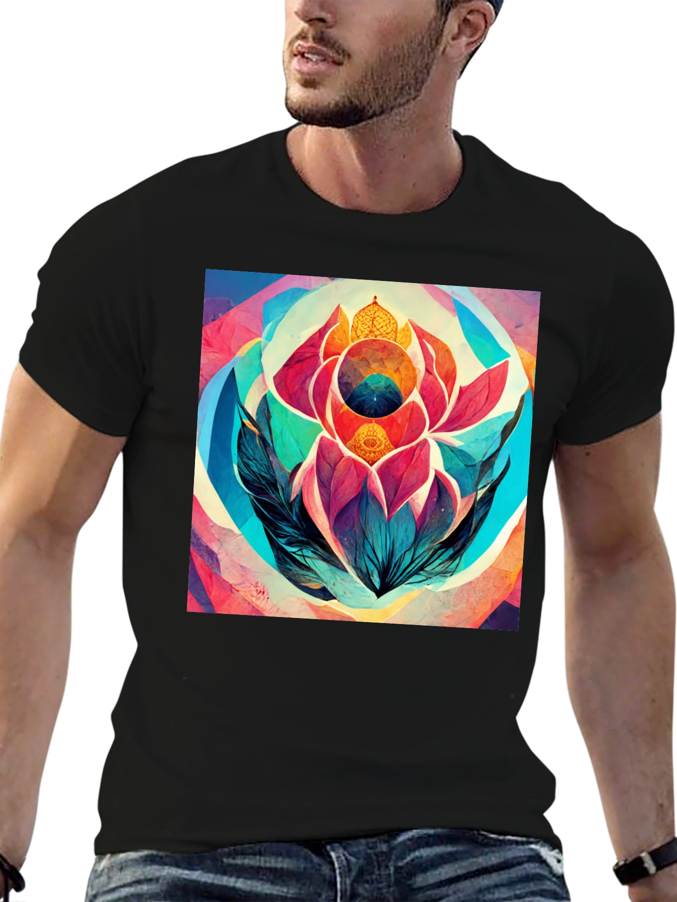 Abstract Lotus Flower Graphic Tee - Black