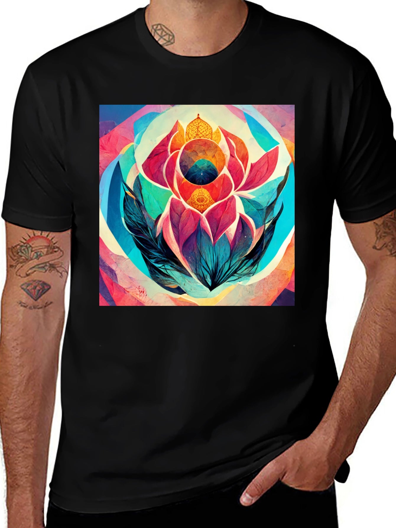 Abstract Lotus Flower Graphic Tee - Black
