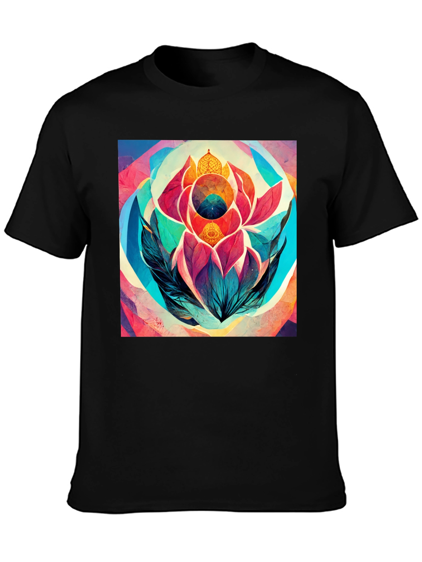 Abstract Lotus Flower Graphic Tee - Black