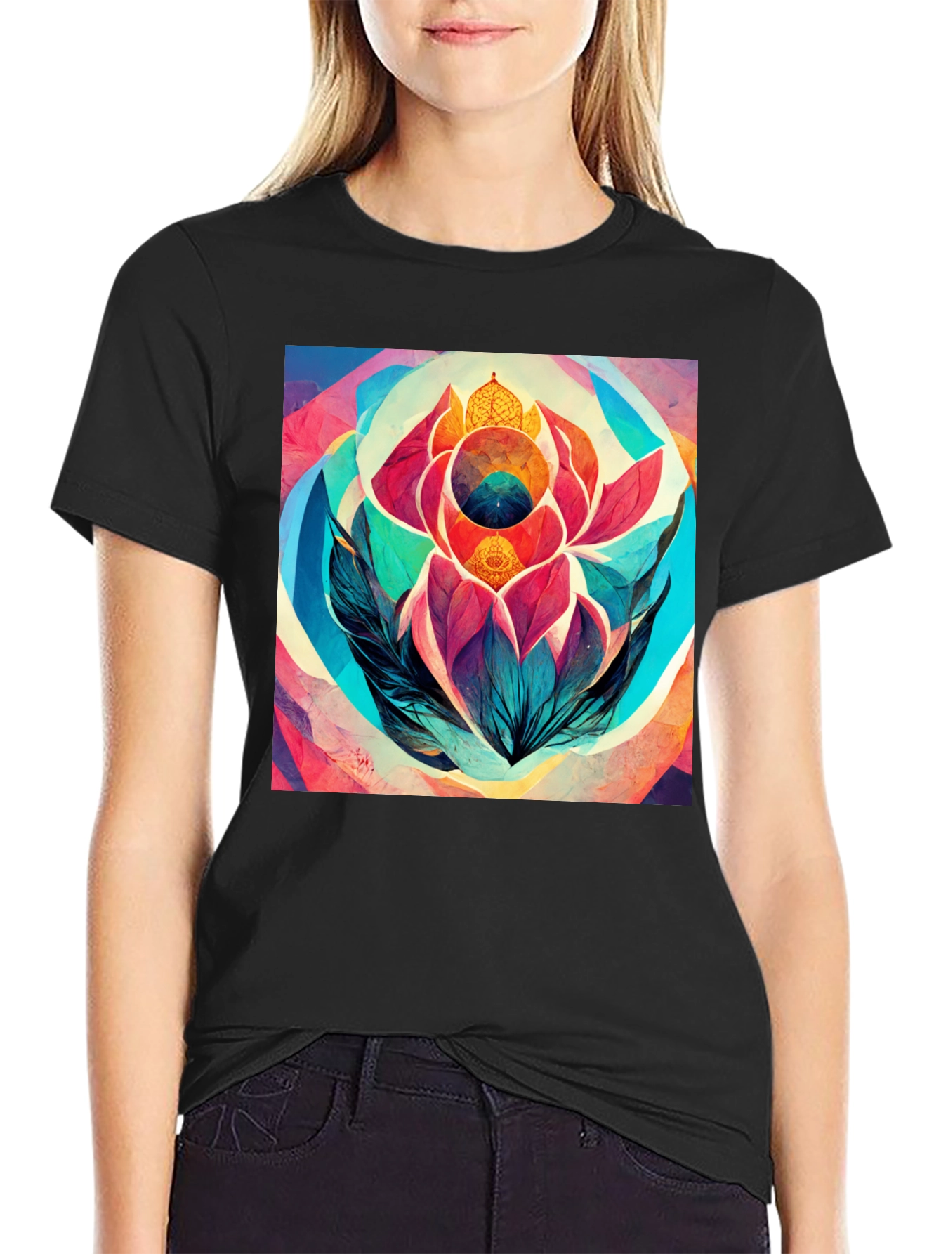 Abstract Lotus Flower Graphic Tee - Black