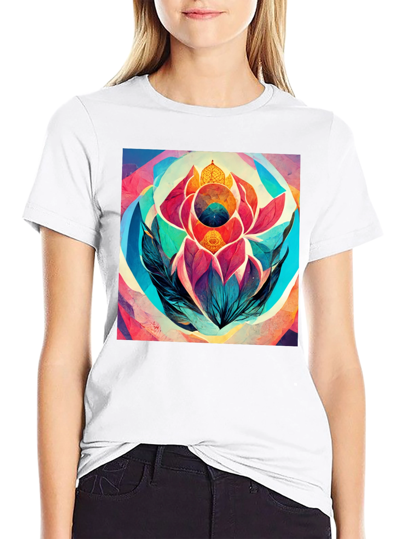 Abstract Lotus Flower Graphic Tee - Black
