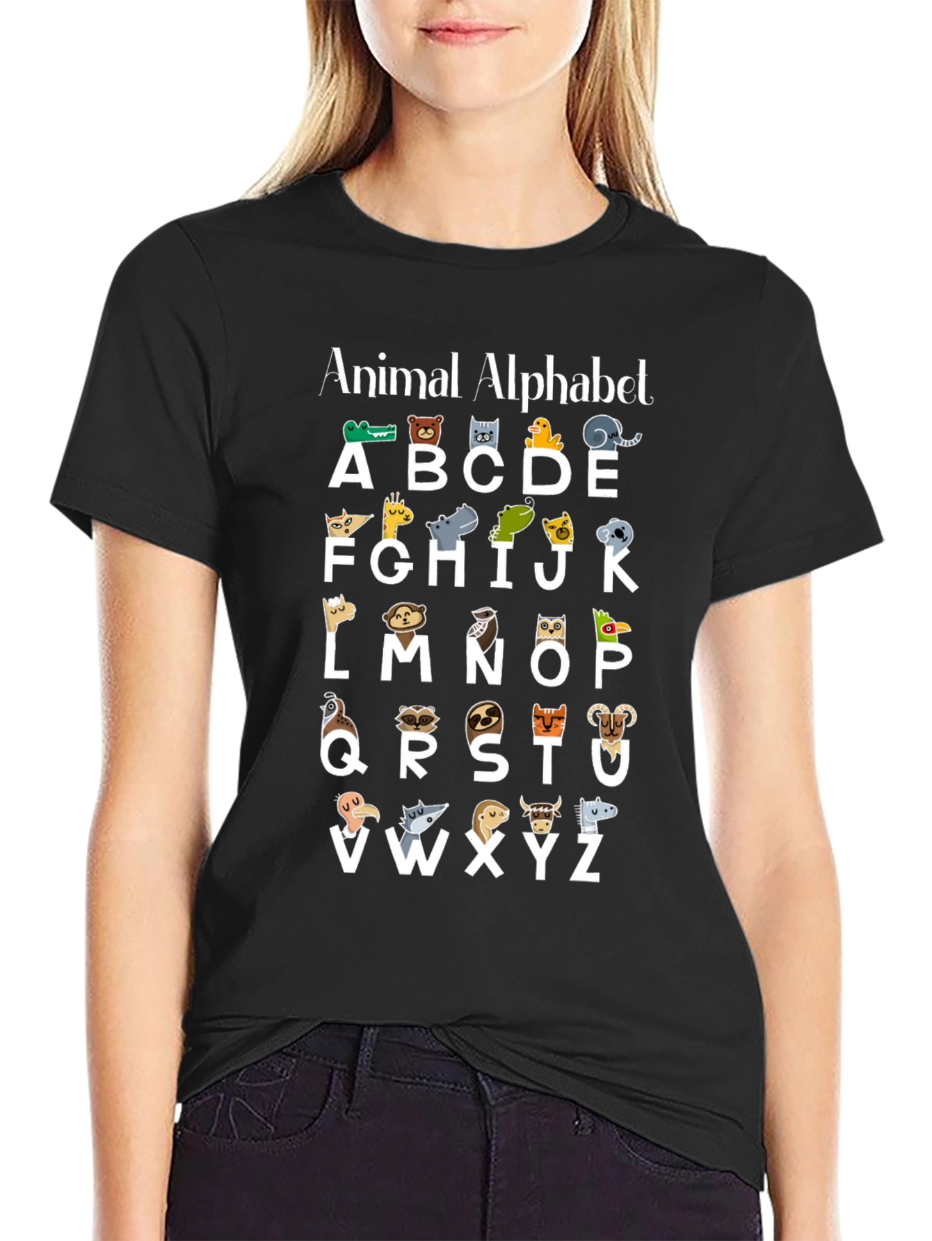 Animal Alphabet Black Cotton T-Shirt