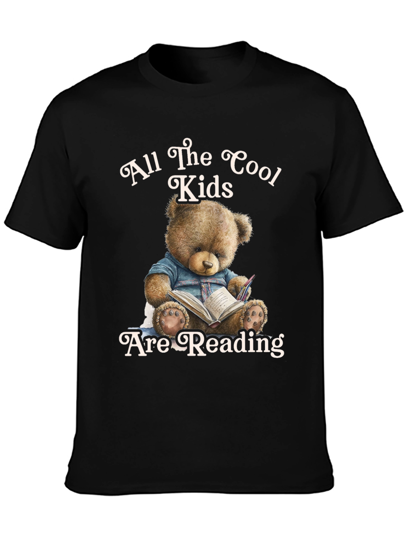 Cool Kids Reading Teddy Bear Black T-Shirt
