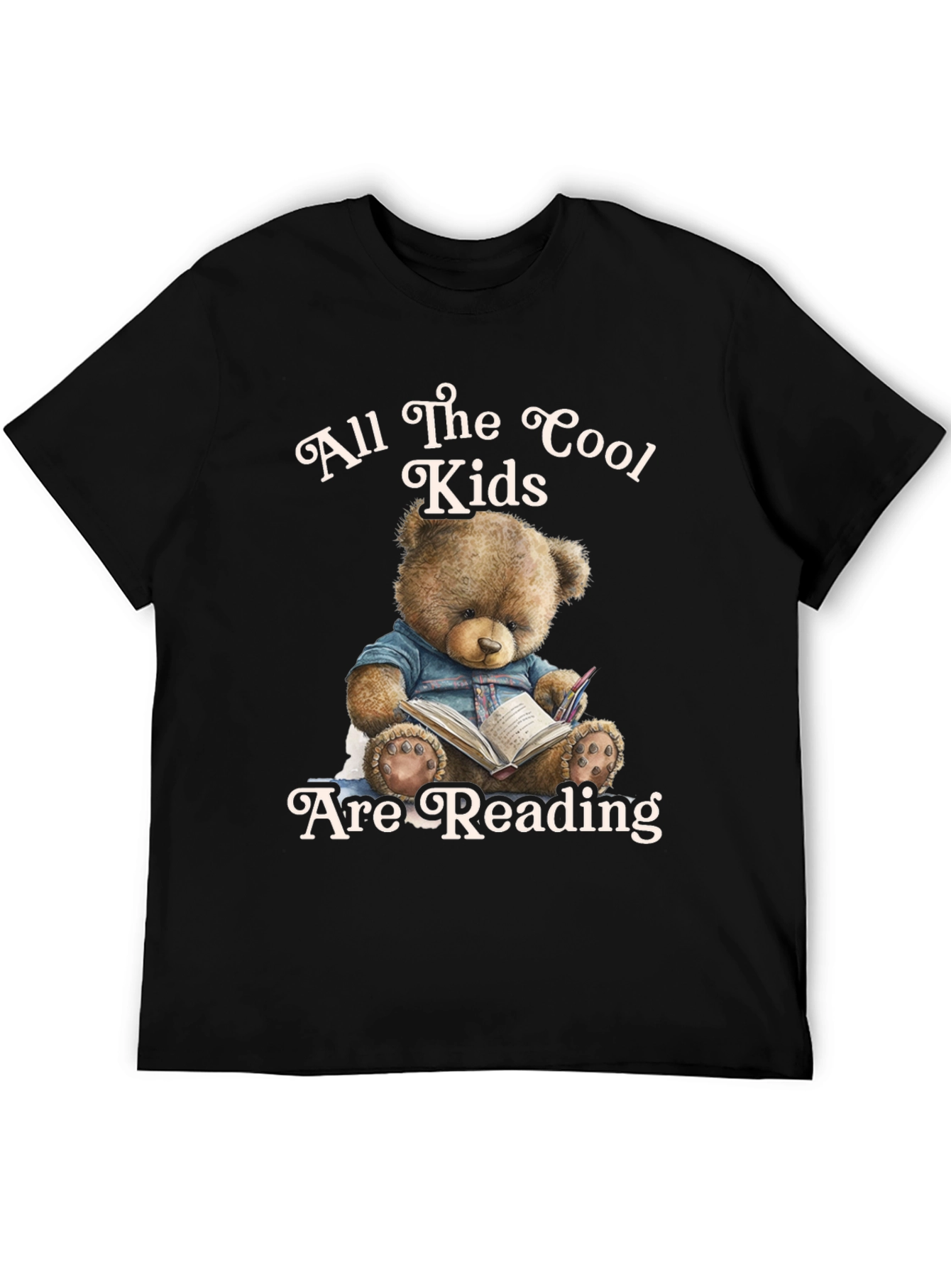Cool Kids Reading Teddy Bear Black T-Shirt