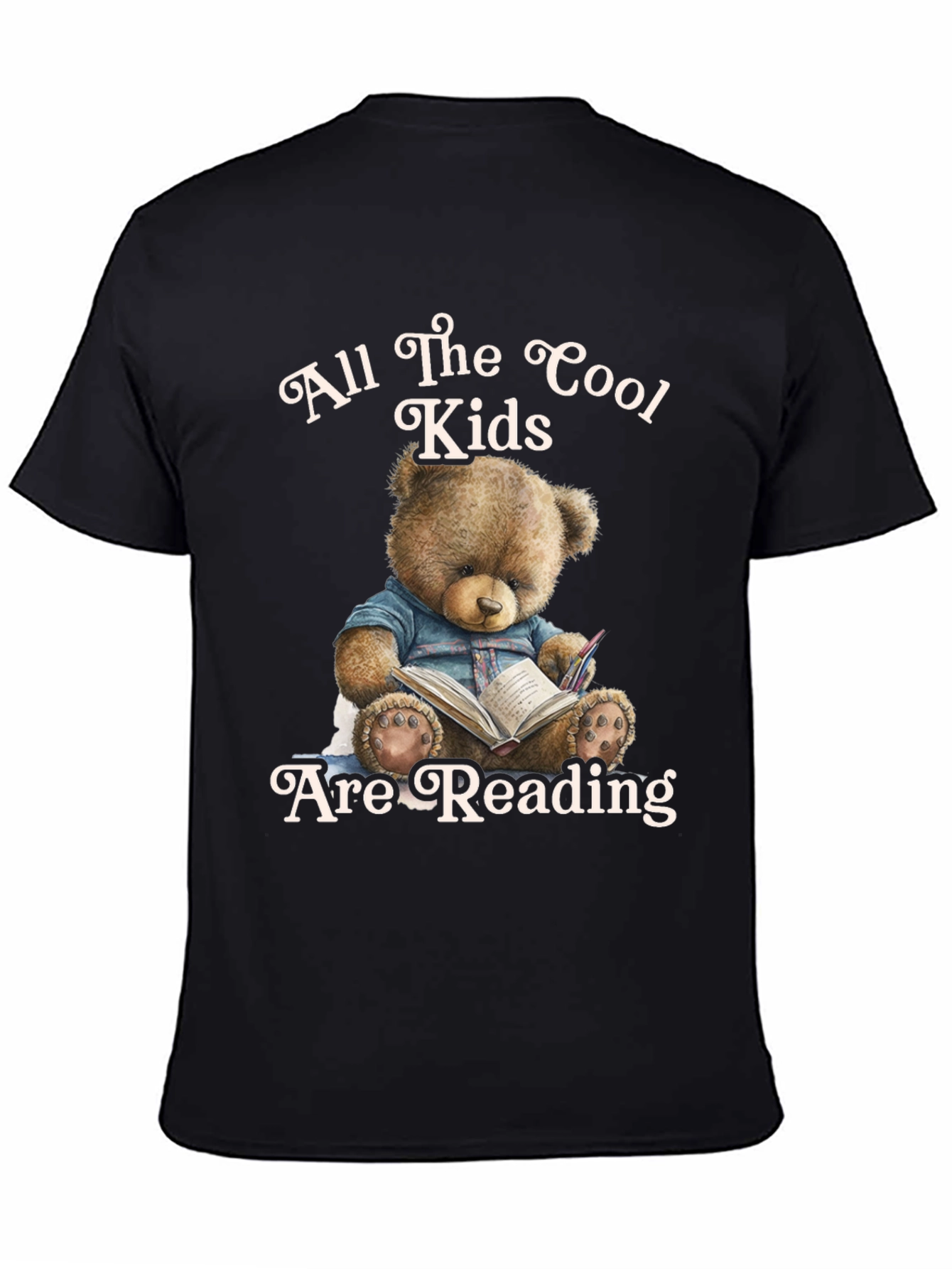 Cool Kids Reading Teddy Bear Black T-Shirt