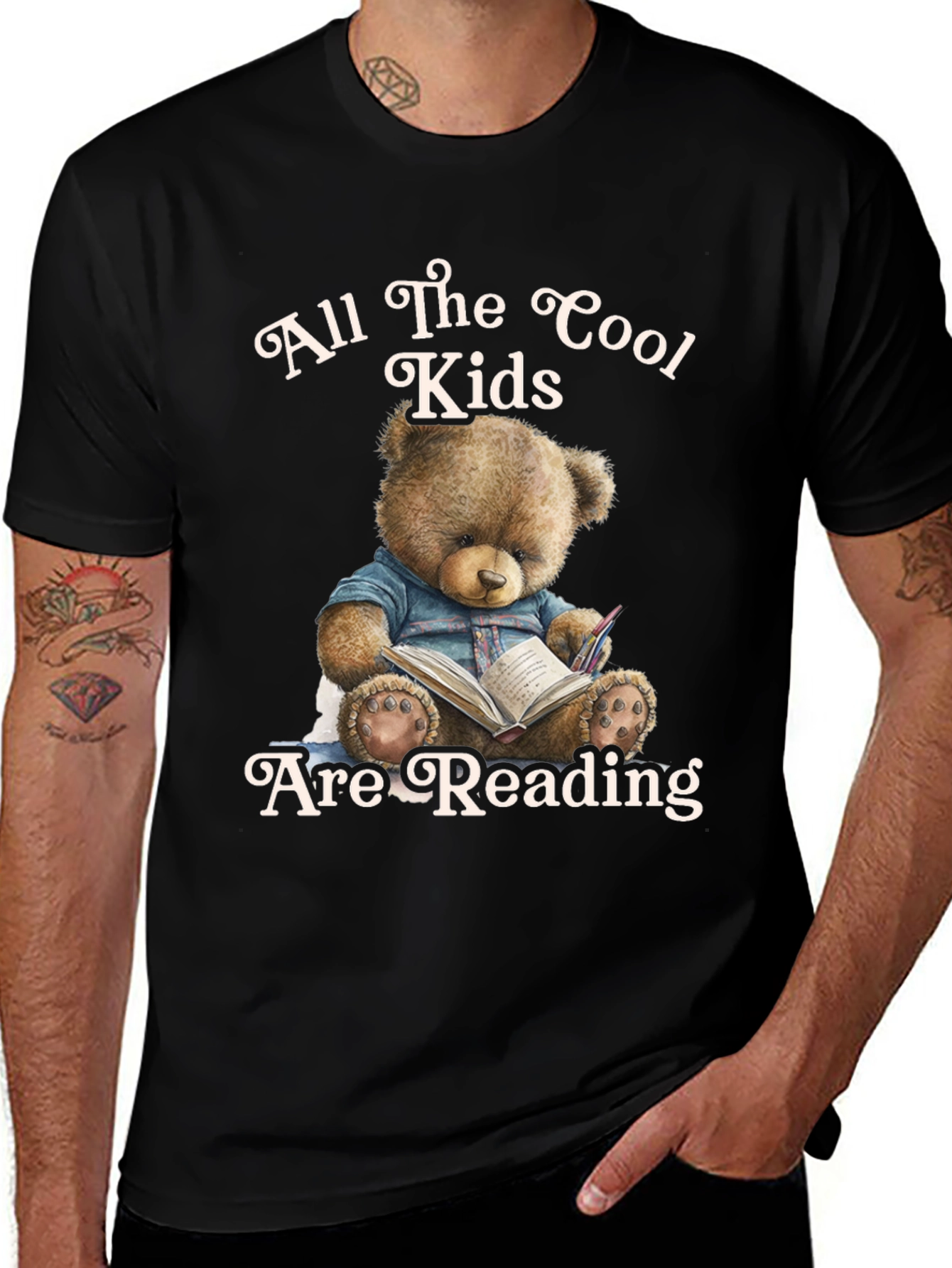 Cool Kids Reading Teddy Bear Black T-Shirt