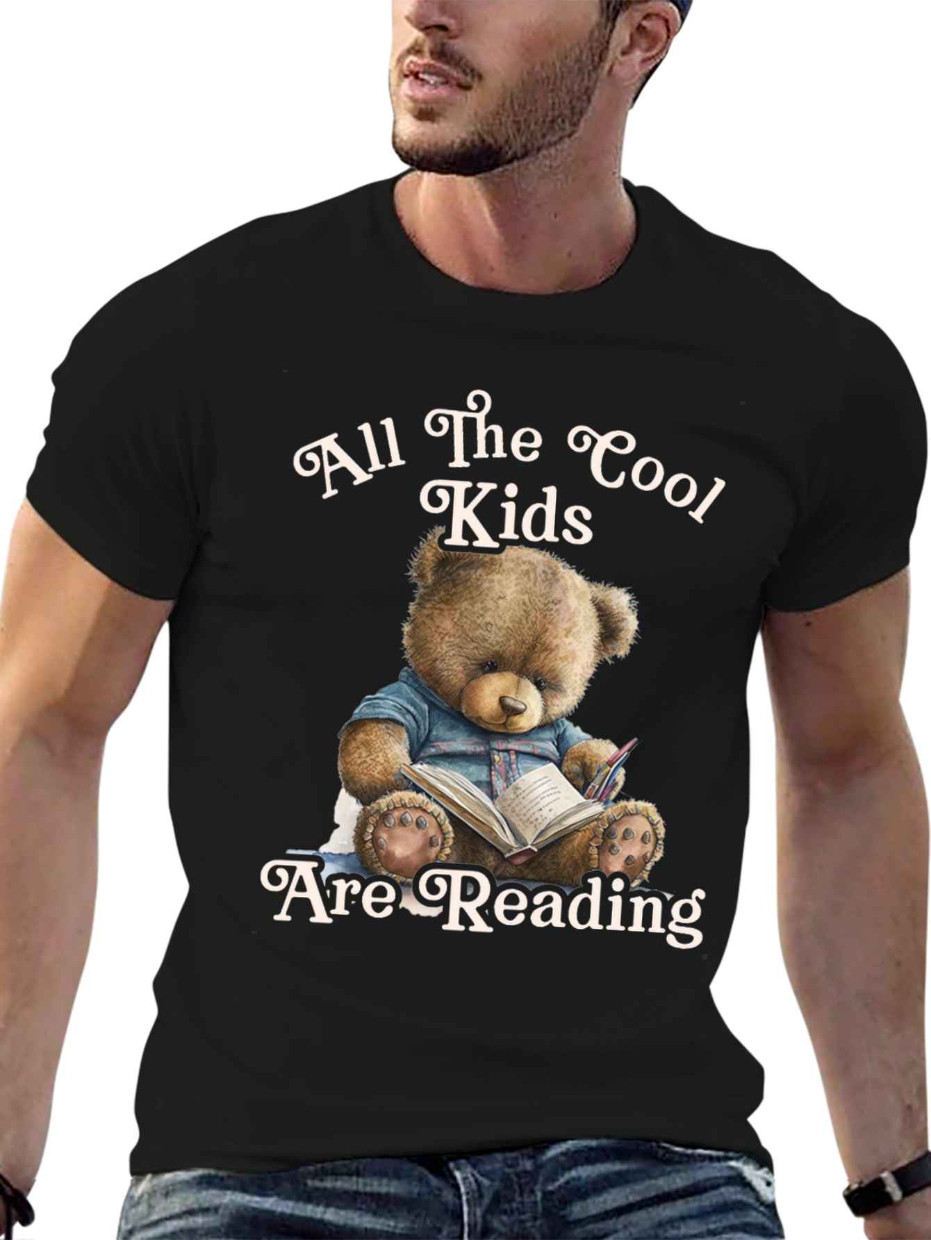 Cool Kids Reading Teddy Bear Black T-Shirt