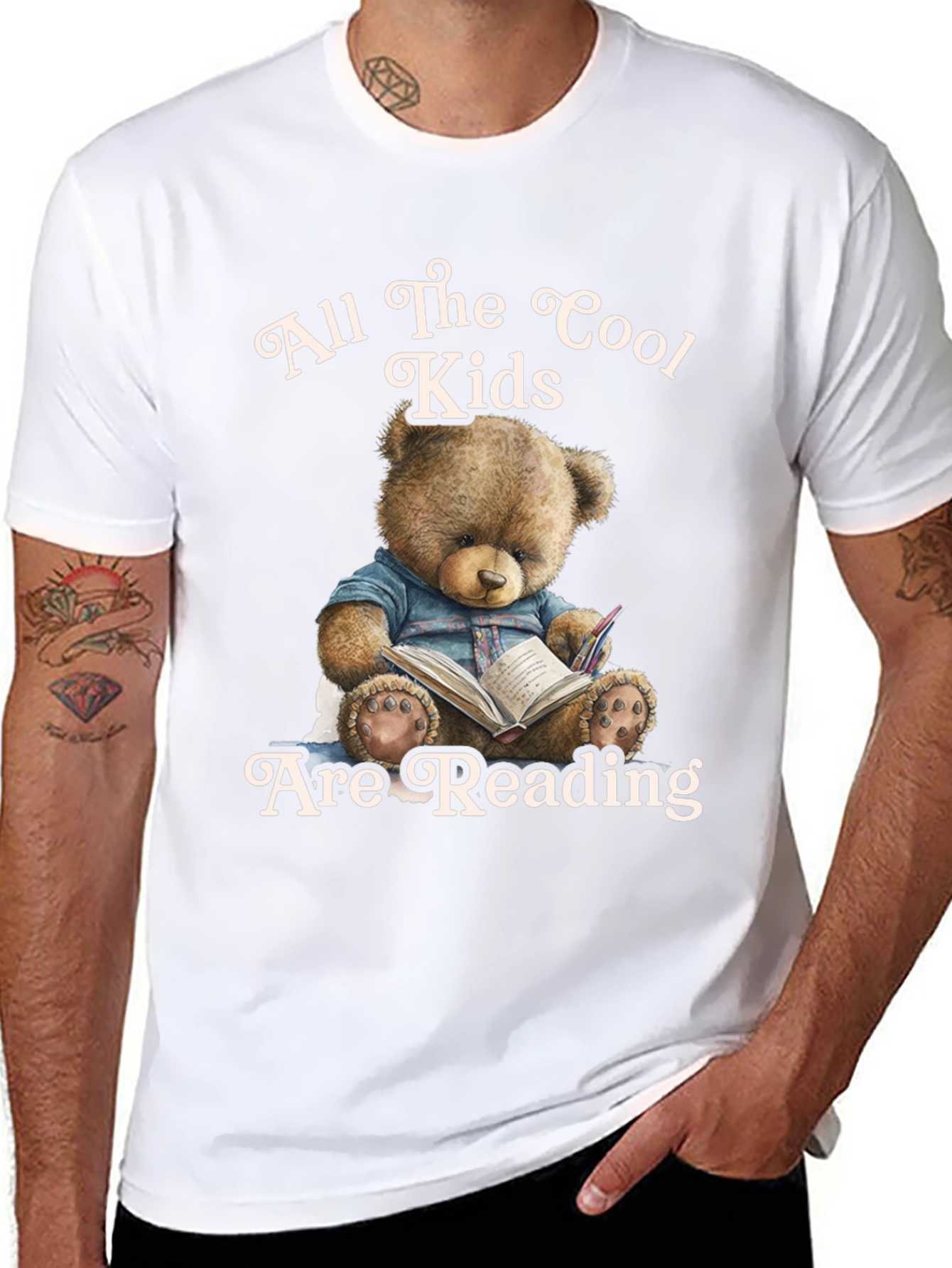 Cool Kids Reading Teddy Bear Black T-Shirt