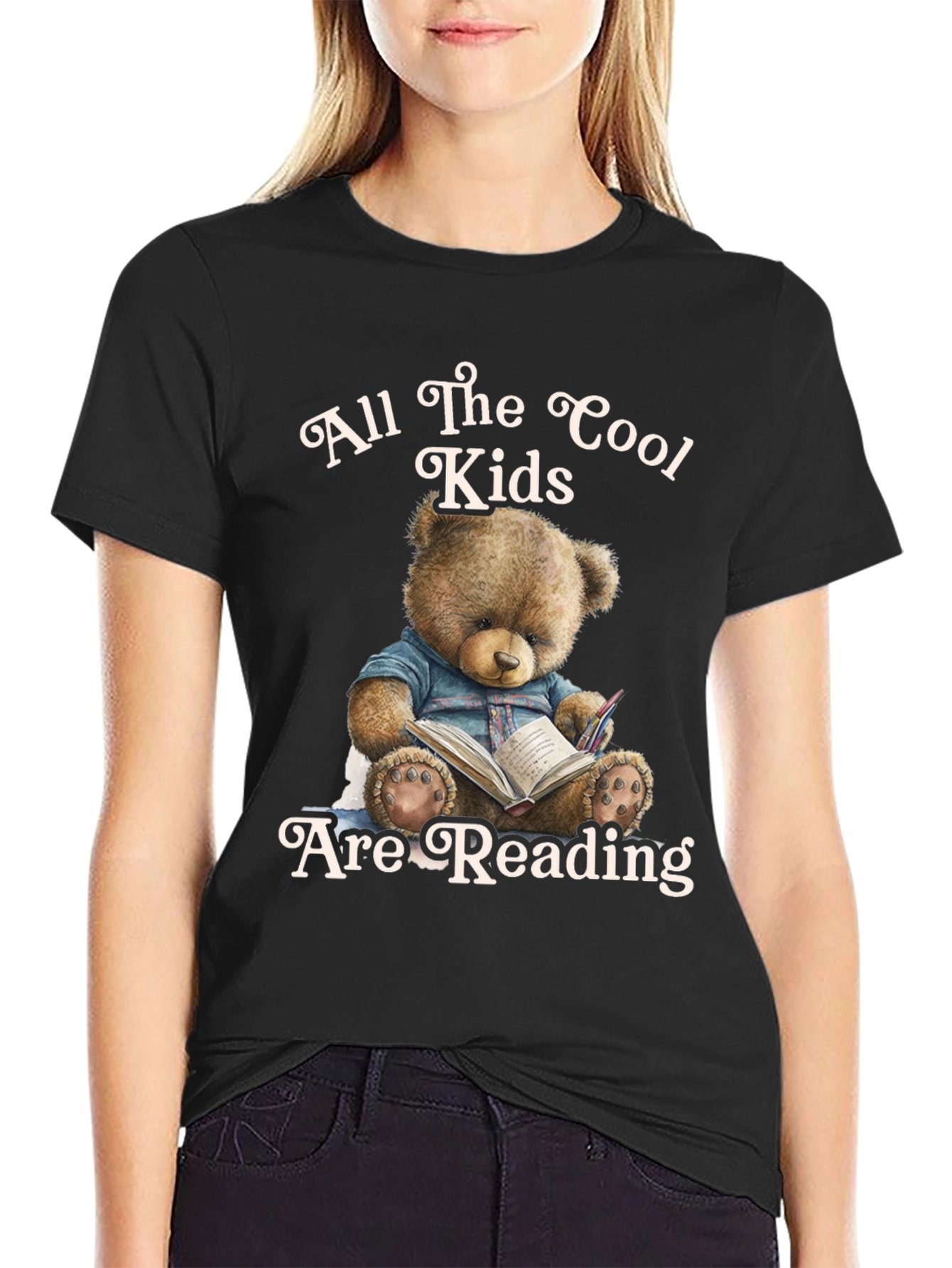 Cool Kids Reading Teddy Bear Black T-Shirt