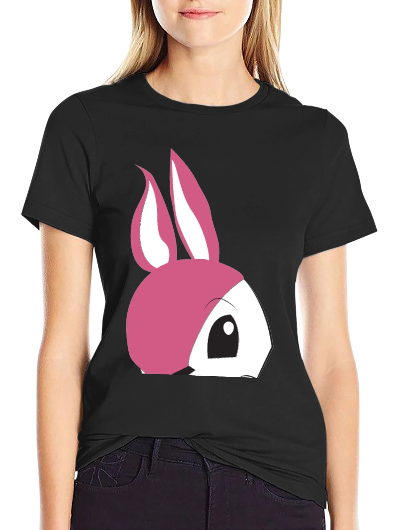 Cute Pink Bunny Graphic T-Shirt - Black Cotton Tee