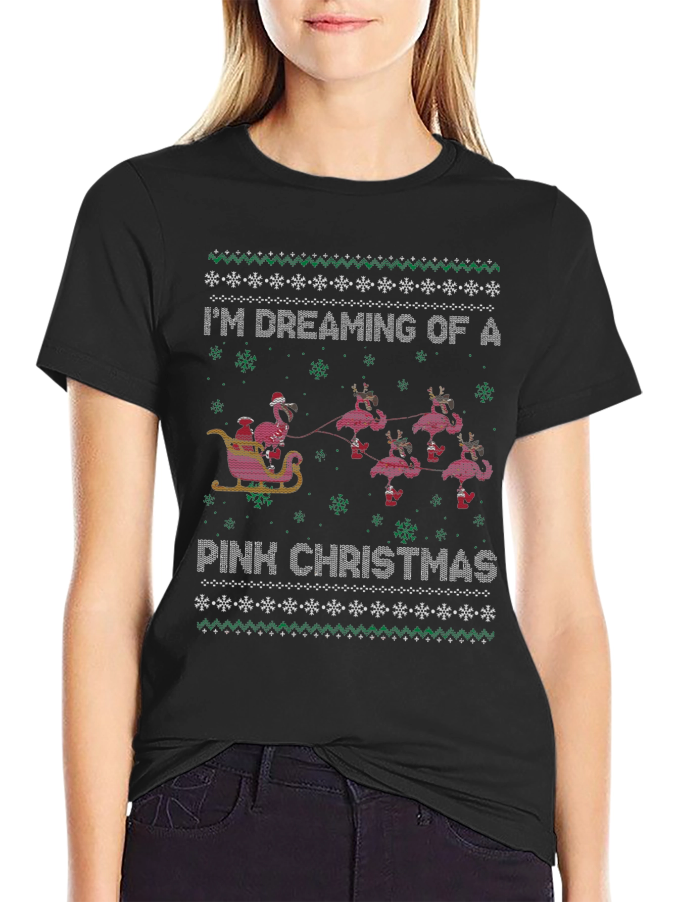 Pink Christmas Flamingo Ugly Sweater T-Shirt