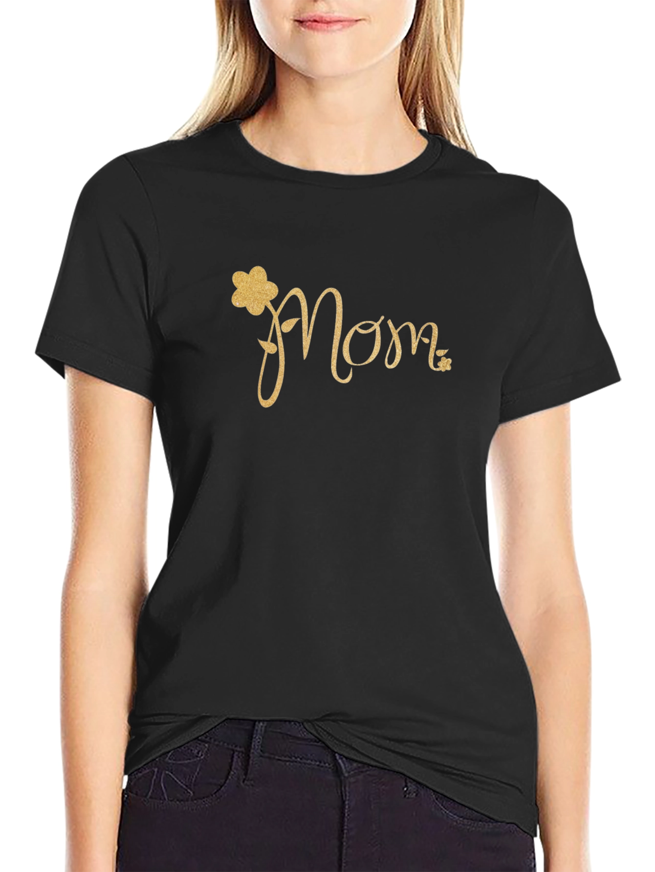 Mom Flower Graphic Black T-Shirt