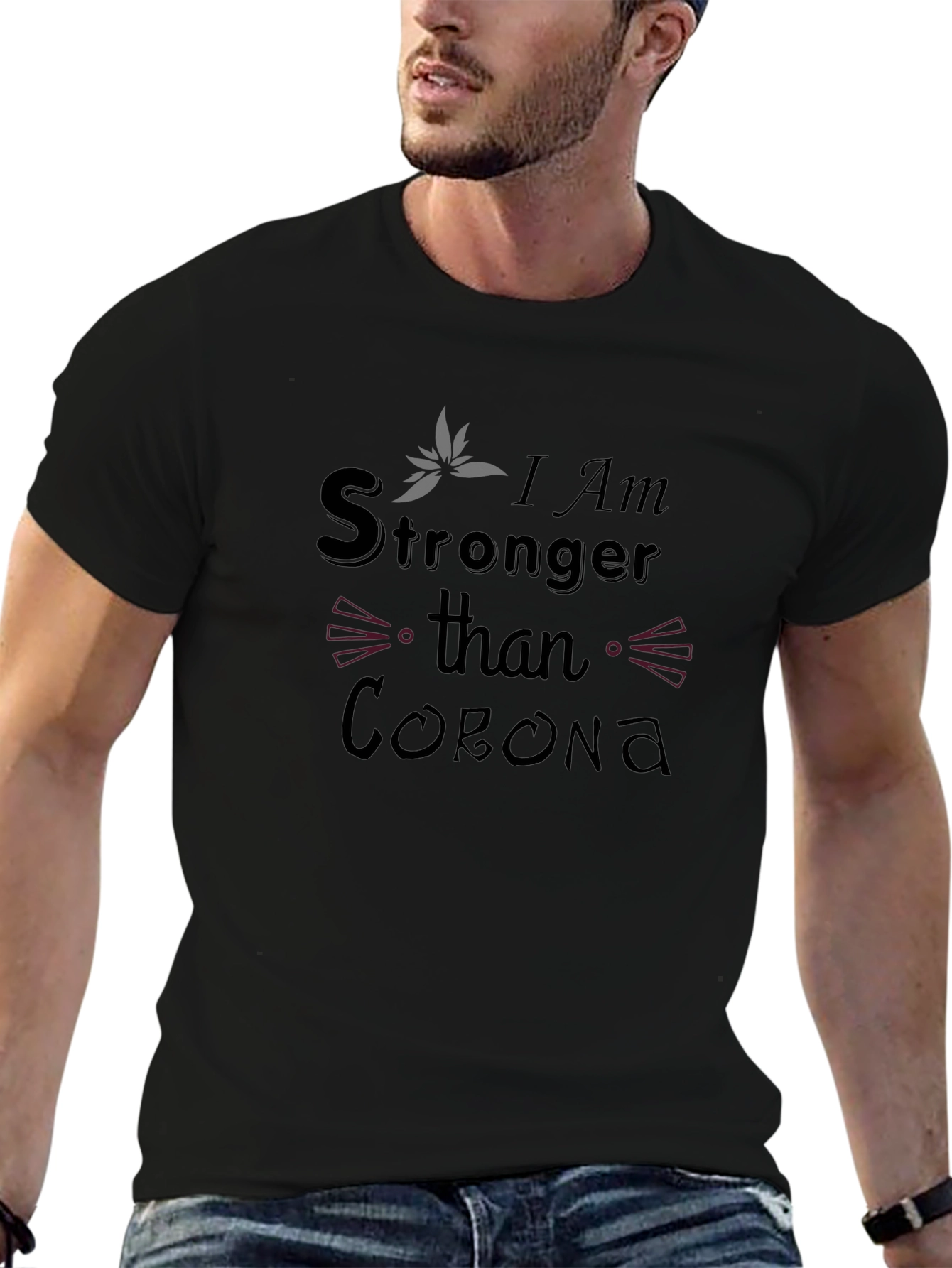 Stronger Than Corona Black Graphic T-Shirt