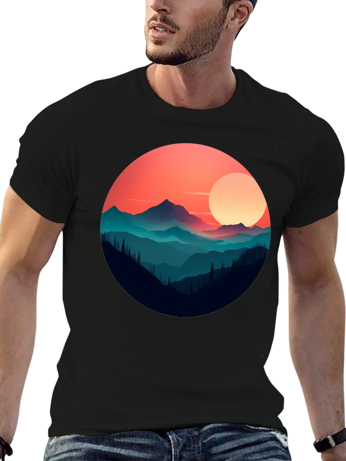 Mountain Sunset Graphic Tee - Stylish Black T-Shirt