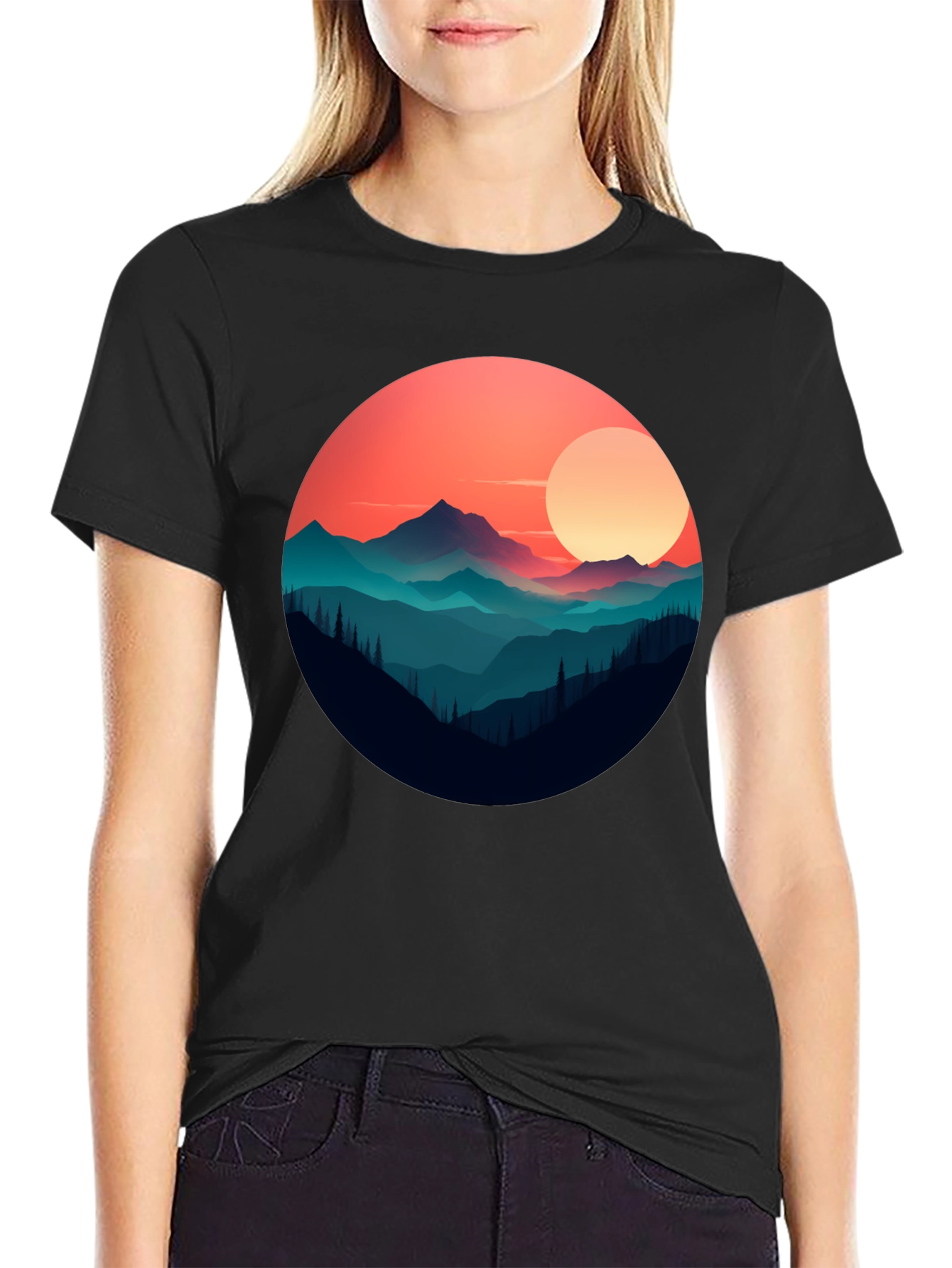 Mountain Sunset Graphic Tee - Stylish Black T-Shirt
