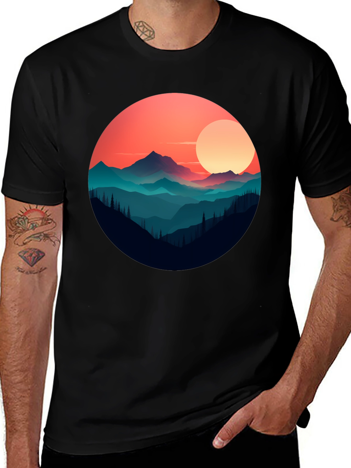 Mountain Sunset Graphic Tee - Stylish Black T-Shirt