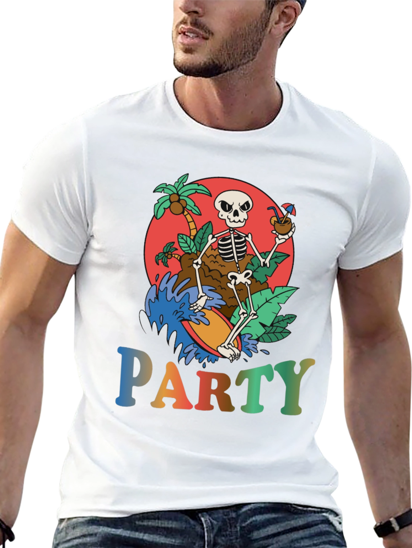 Skeleton Surfing Party T-Shirt - Tropical Vibes