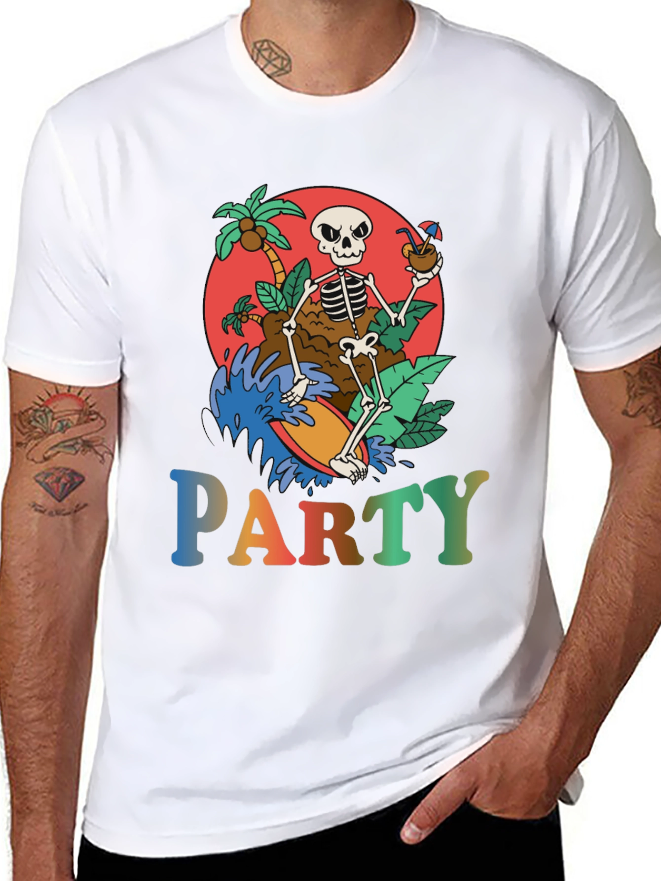 Skeleton Surfing Party T-Shirt - Tropical Vibes
