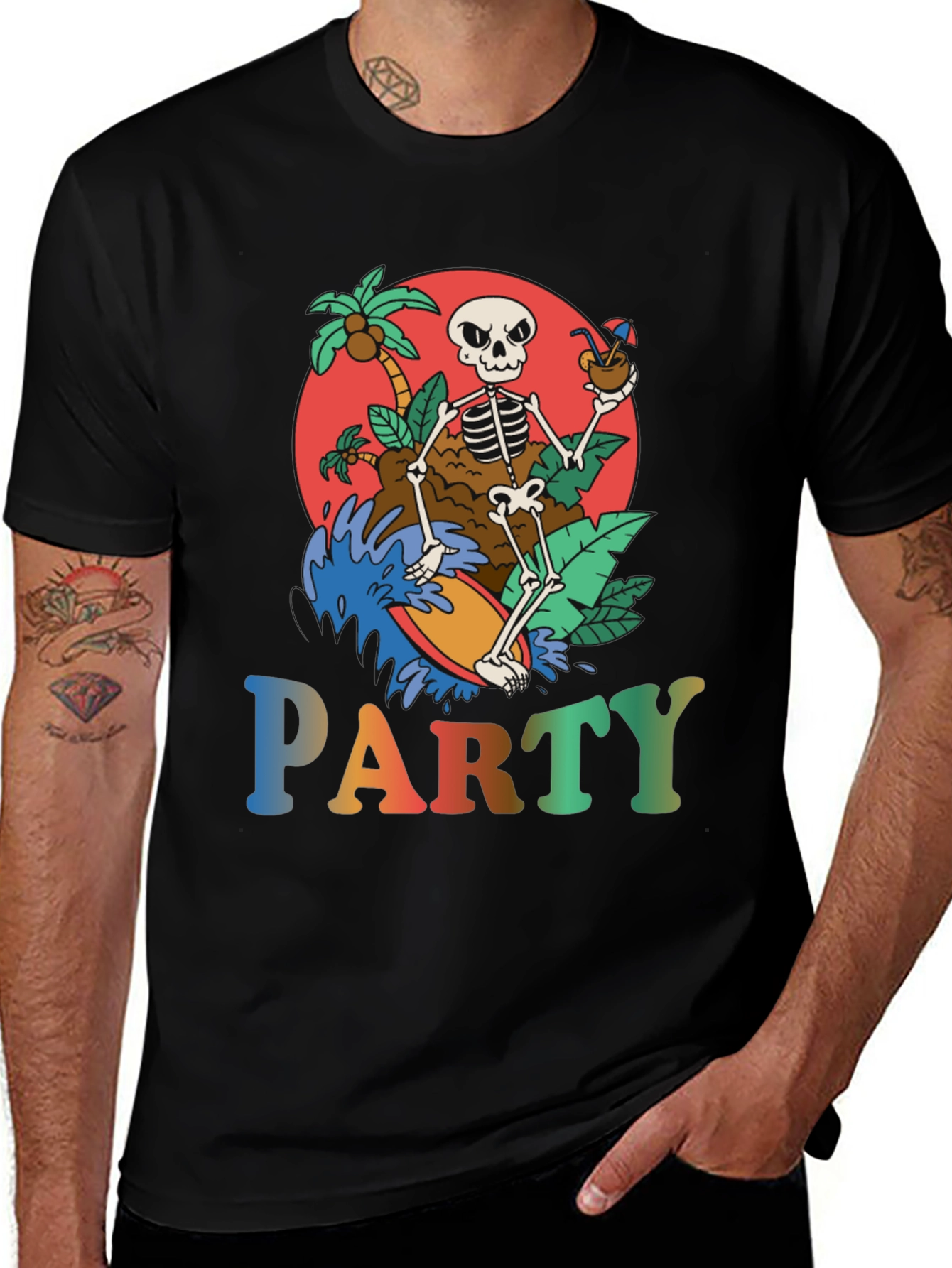 Skeleton Surfing Party T-Shirt - Tropical Vibes