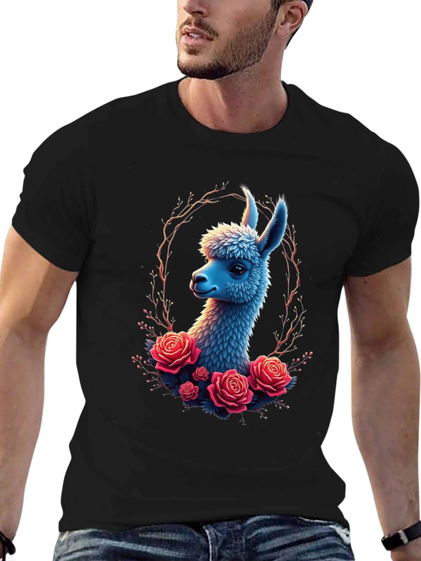 Llama & Roses Graphic Black T-Shirt