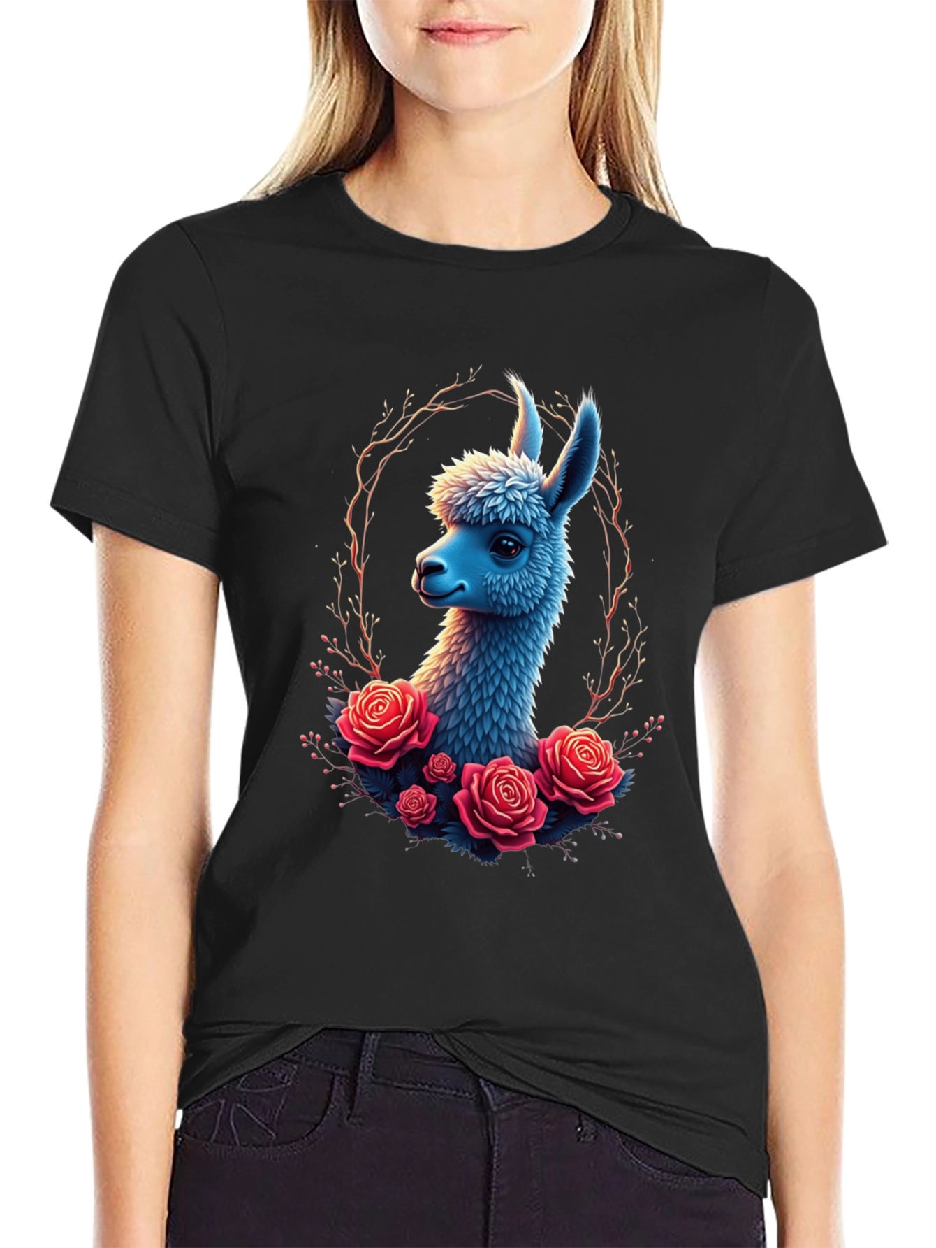 Llama & Roses Graphic Black T-Shirt