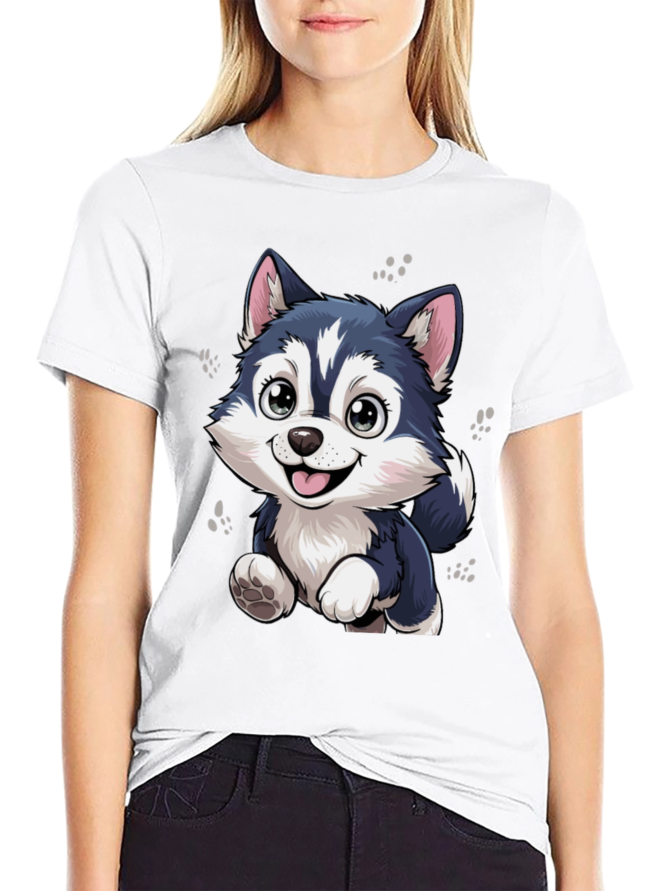 Cute Husky Puppy Graphic Black T-Shirt