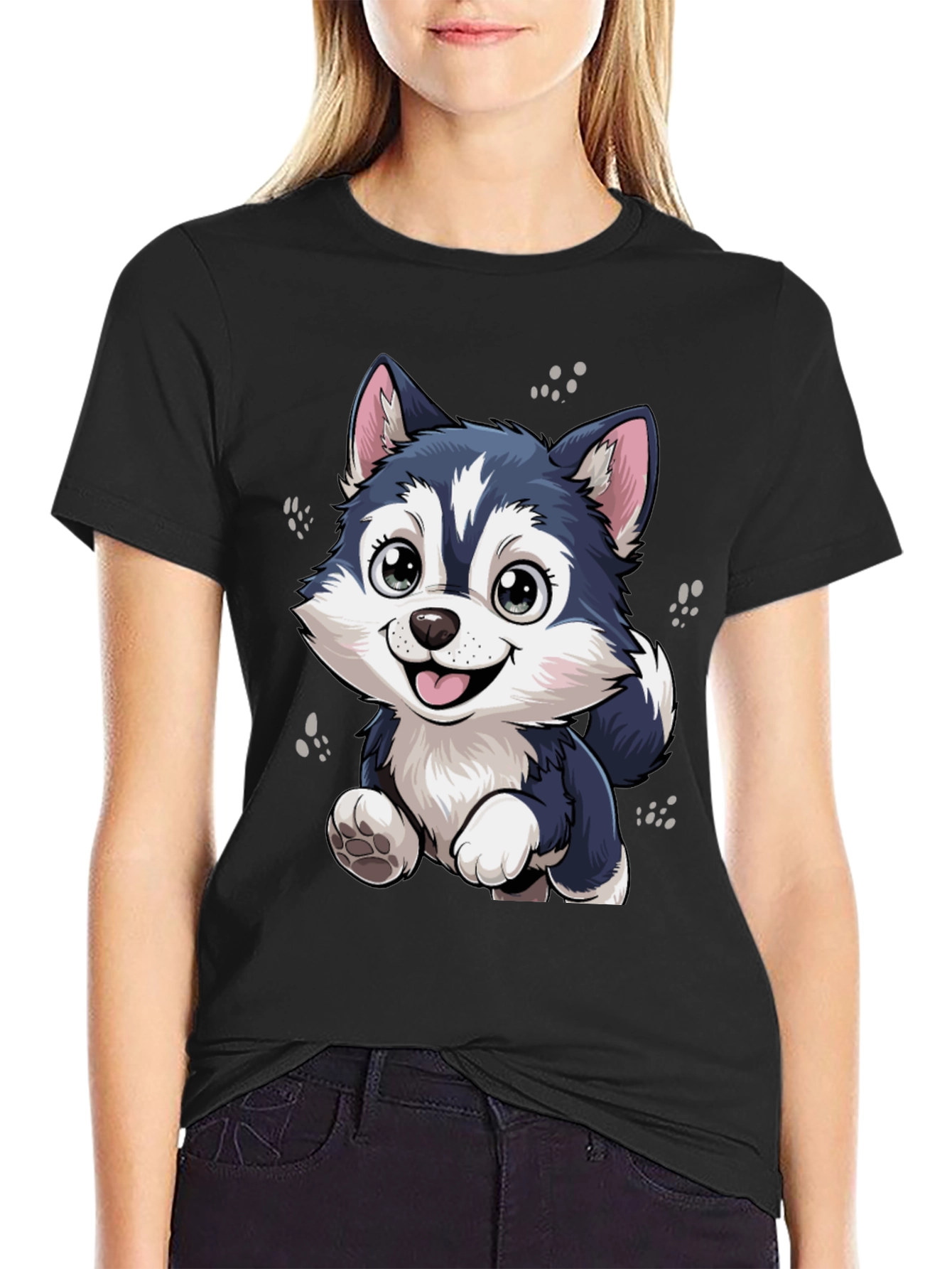 Cute Husky Puppy Graphic Black T-Shirt