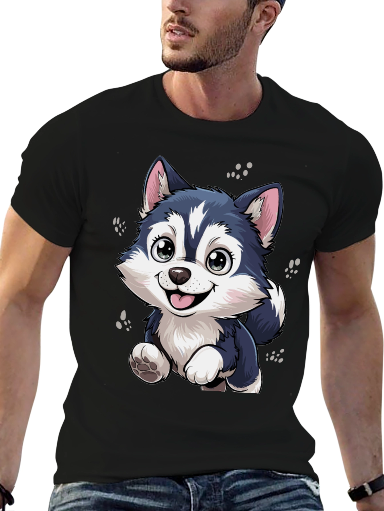 Cute Husky Puppy Graphic Black T-Shirt
