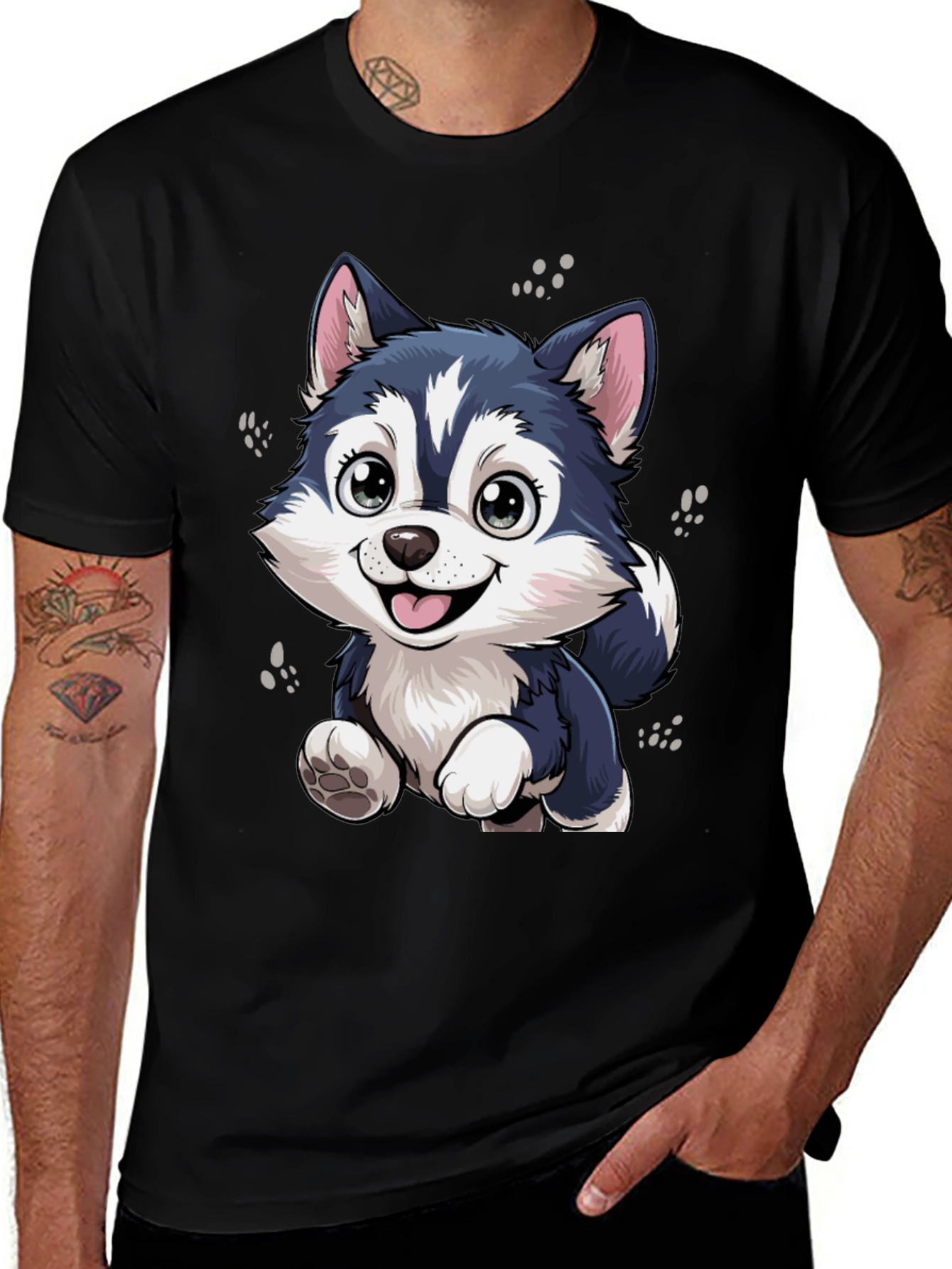 Cute Husky Puppy Graphic Black T-Shirt