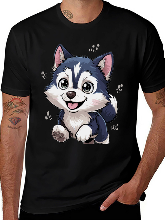 Cute Husky Puppy Graphic Black T-Shirt